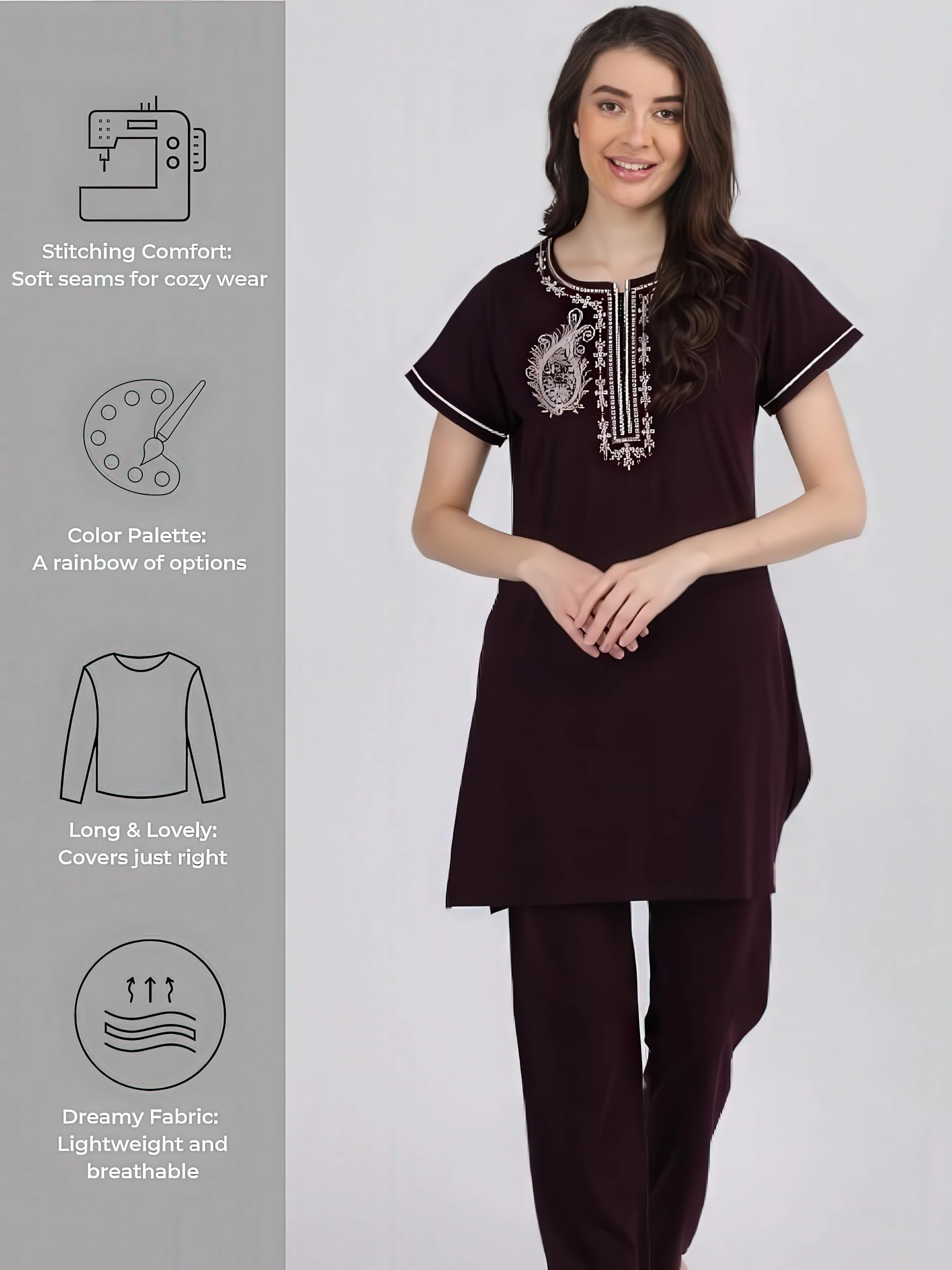 Duchess Women's Cotton Embroidered Night Suit - Wine - Image 4