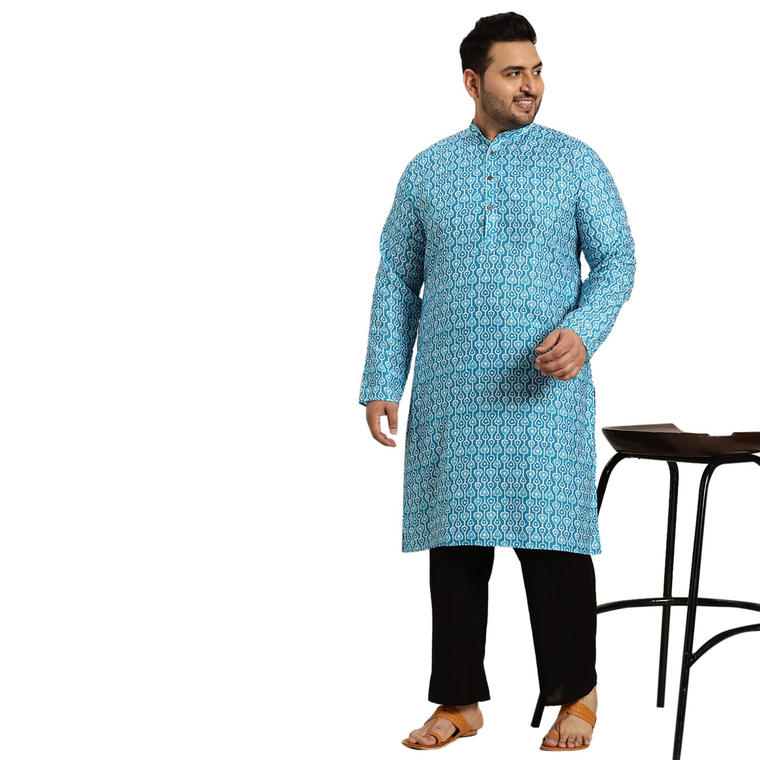 SOJANYA Men's Cotton Kurta - Turquoise Blue - Image 5