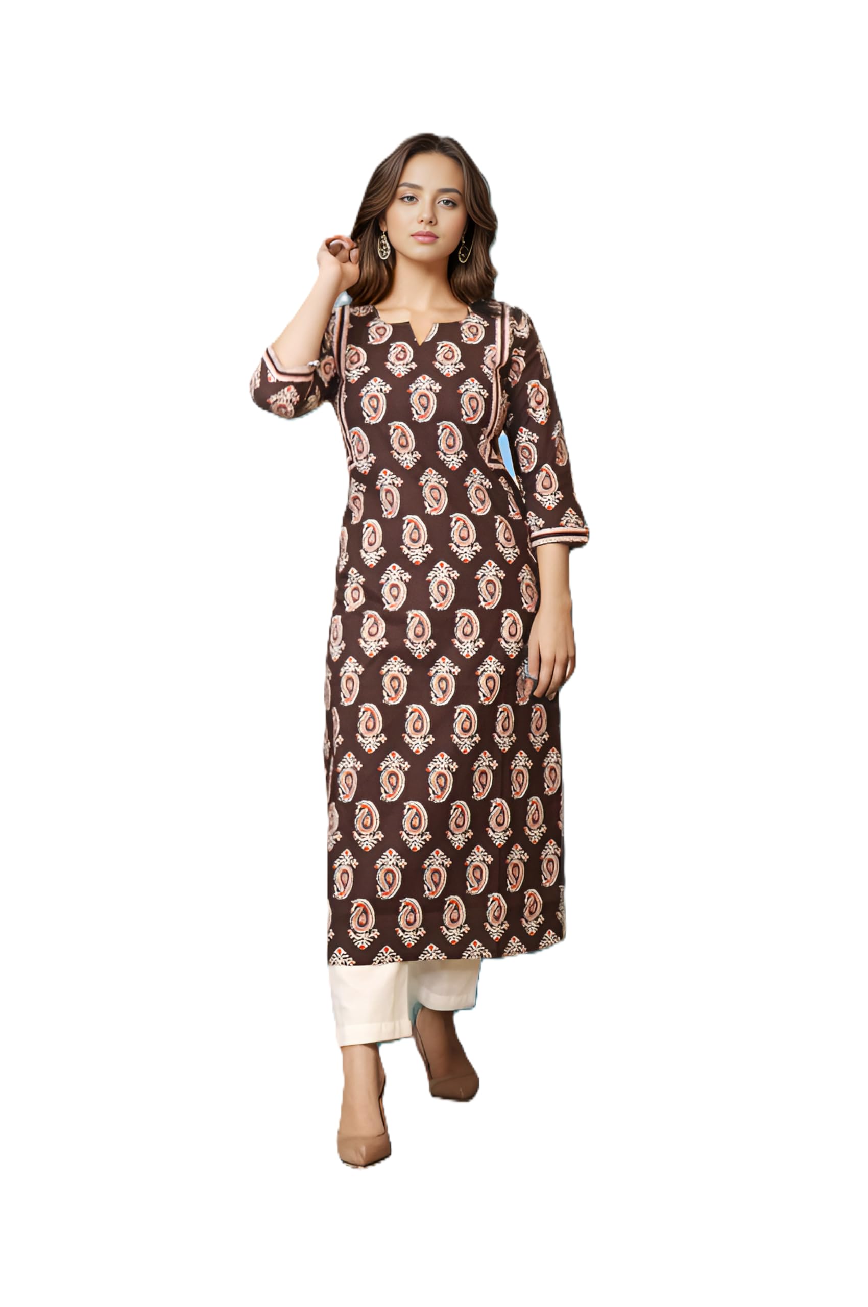विधा Women Cotton Printed Kurti - Brown