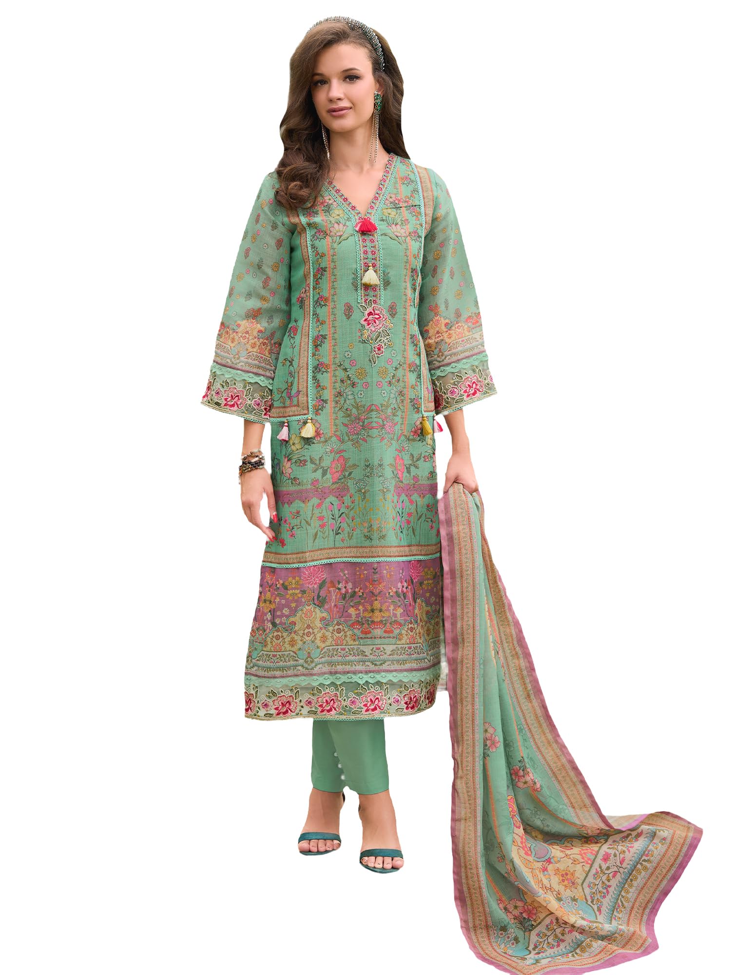INDO ERA Women's Linen Floral Kurta Set - Sea Green