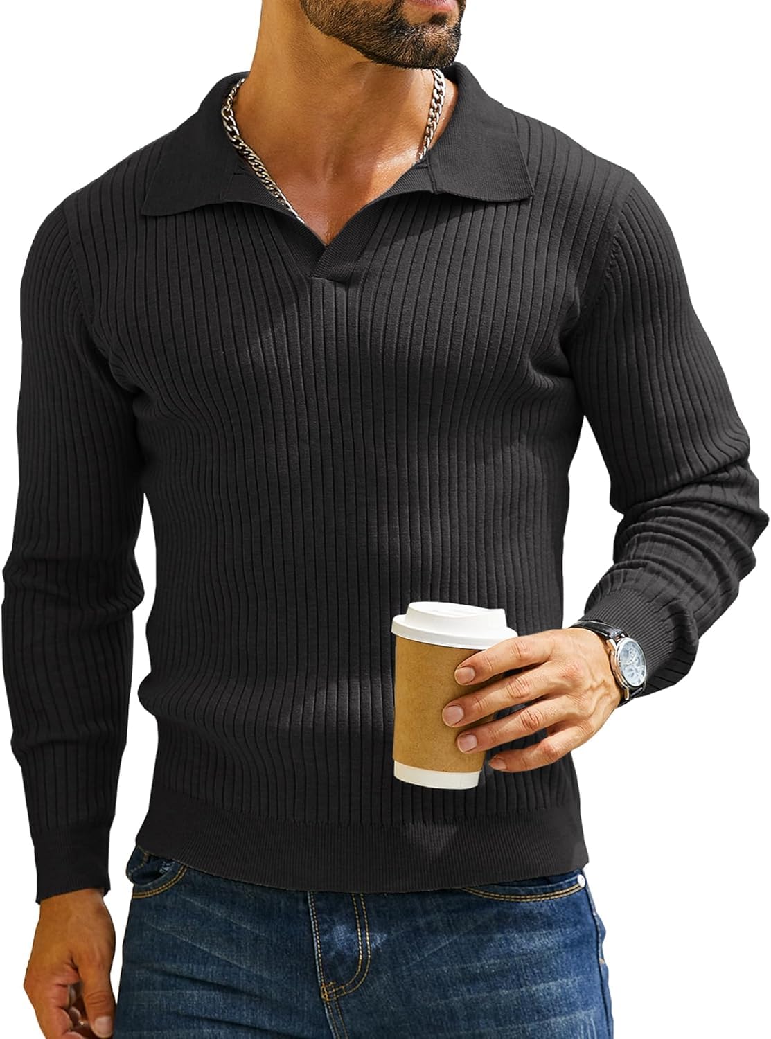 DENIMHOLIC Men's Cotton Polo Sweater - Black