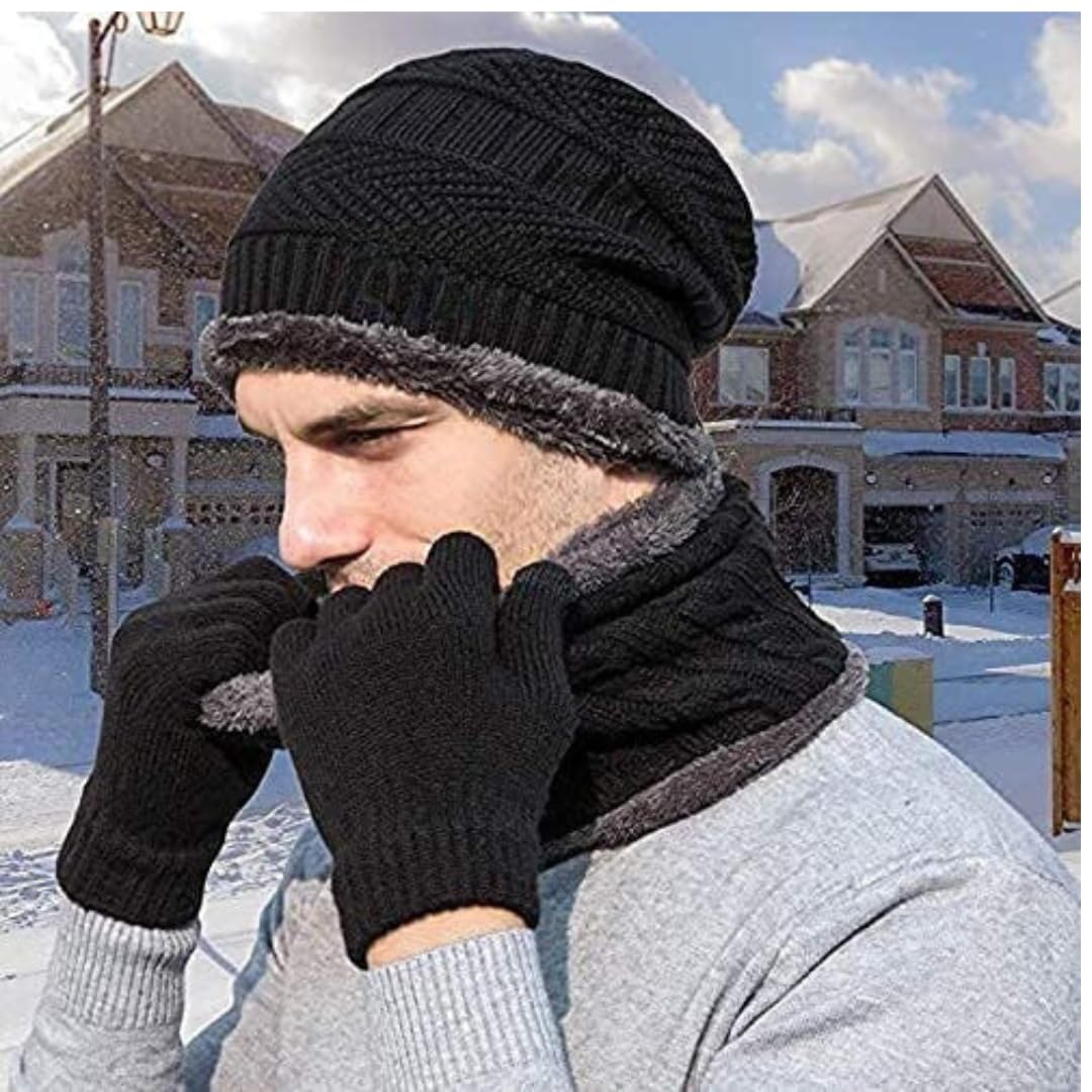 HUNTSMANS ERA Men's Wool Beanie Hat Scarf Gloves Set - Black - Image 3