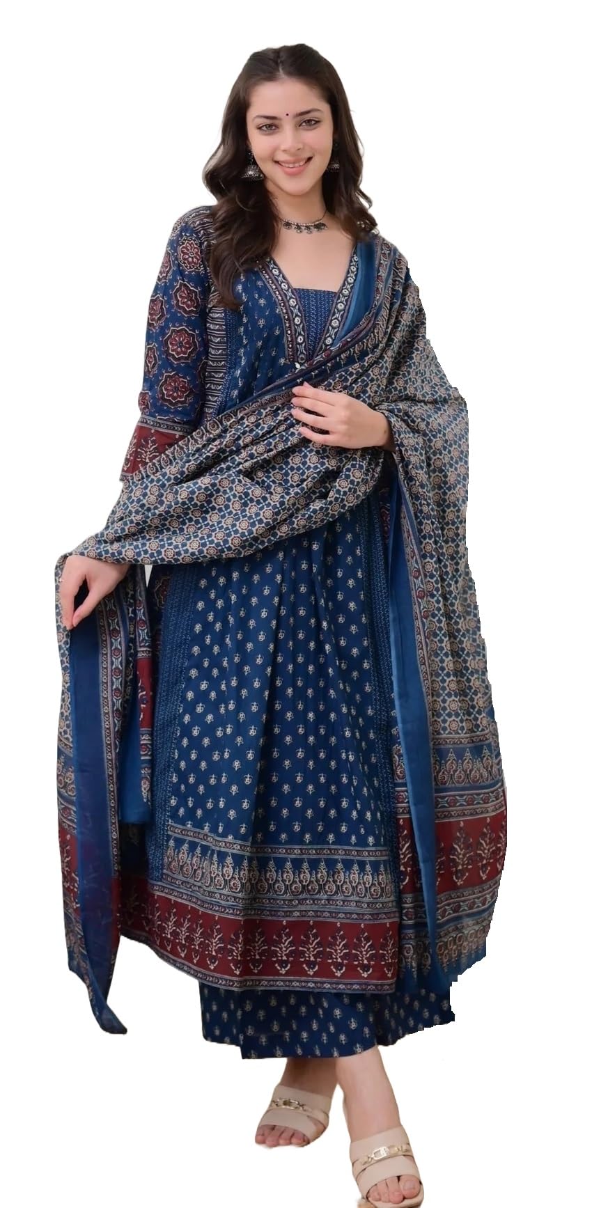 KLOSIA Teal Blue Printed Anarkali Kurta Set for Women