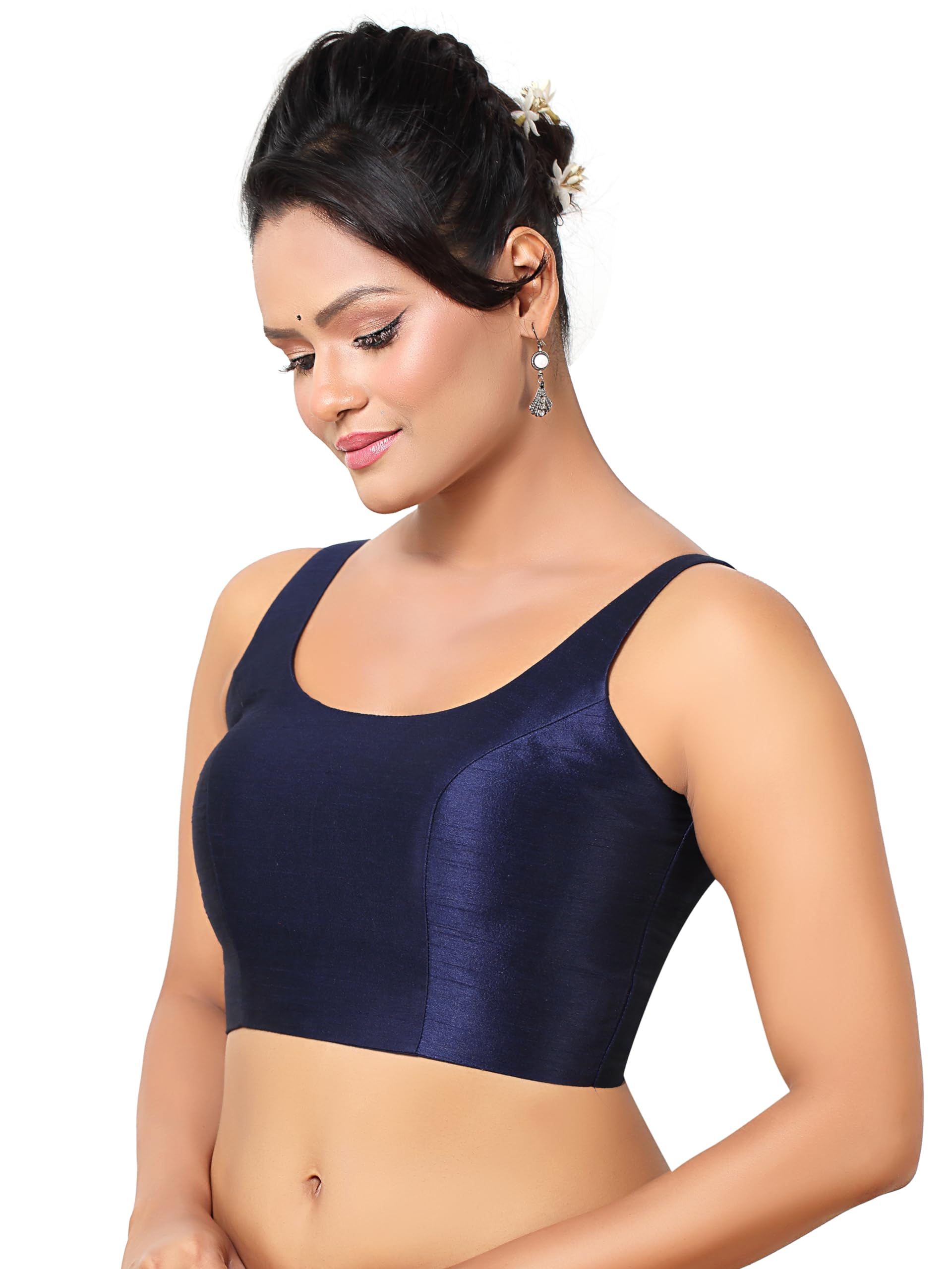 Madhu Fashion Women's Solid Sleeveless Padded Saree Blouse - Navy Blue - Image 4