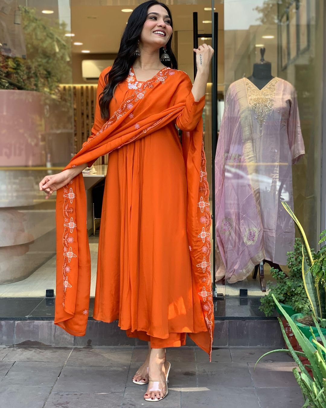 GoSriKi Women's Anarkali Kurta with Pant & Dupatta - Orange - Image 3