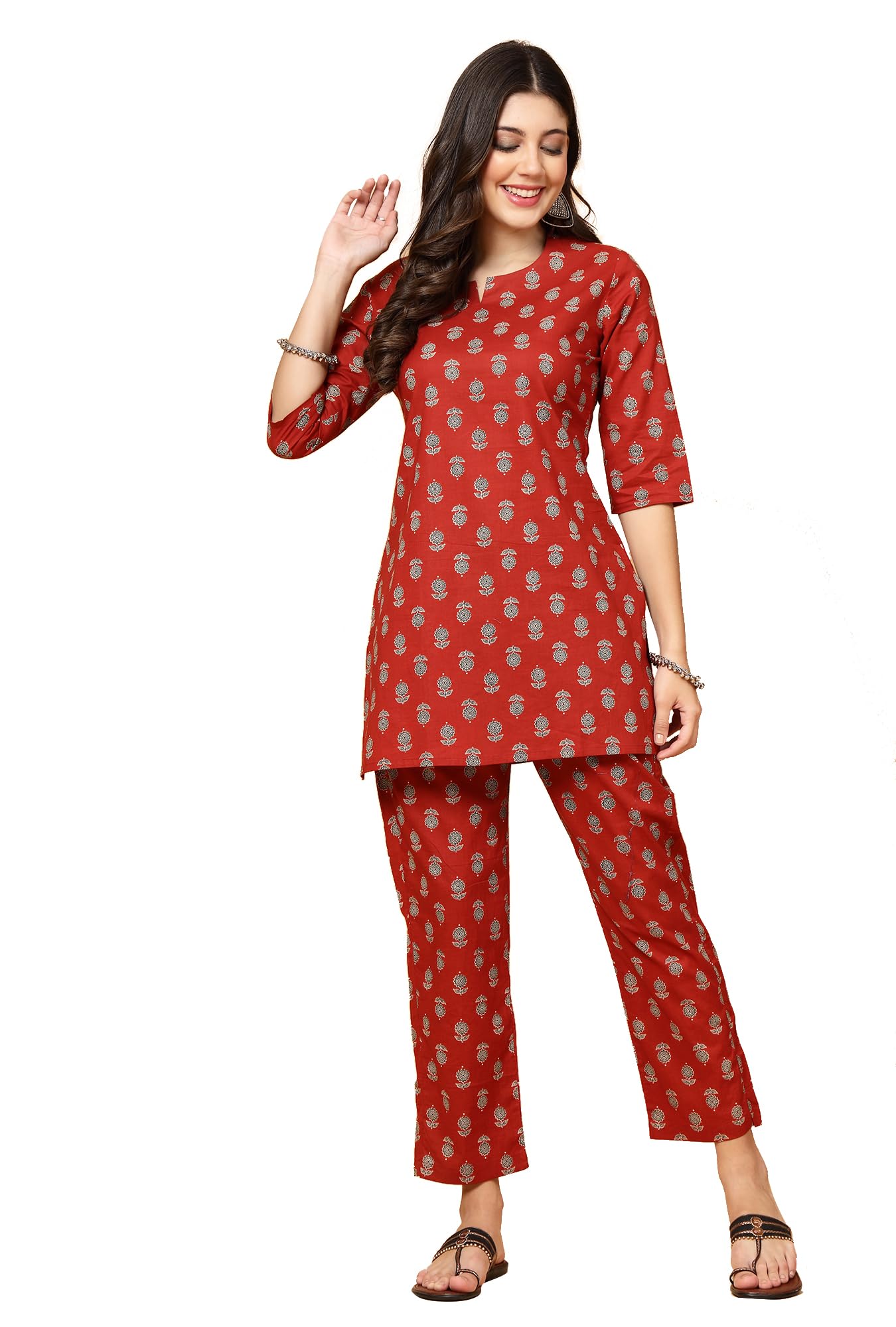 Pistaa Maroon Cotton Printed Night Suit for Women