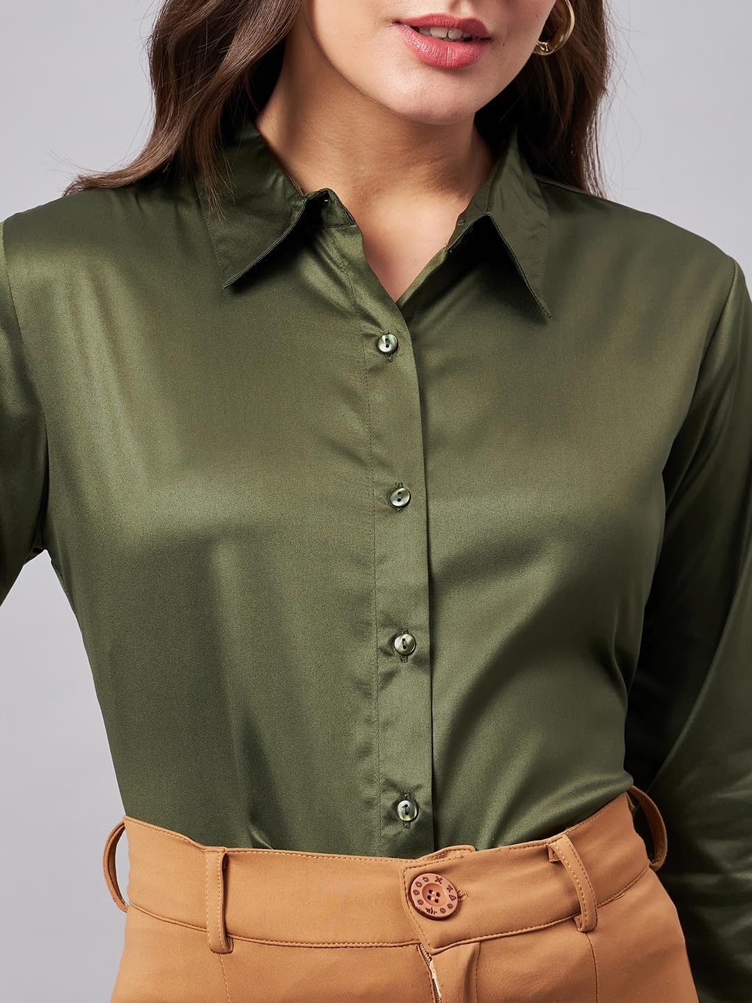 Style Quotient Women Olive Satin Formal Shirt - Image 3