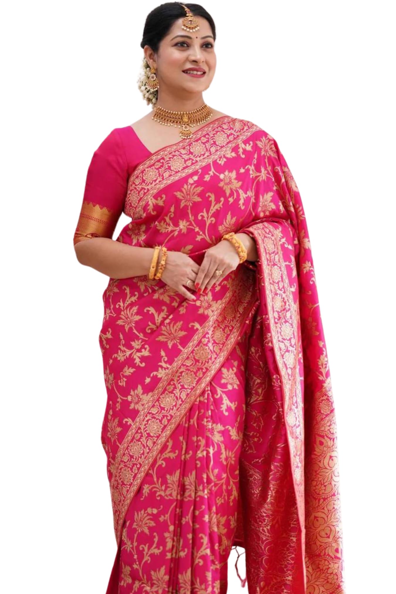 GarbGlide Women's Kanjivaram Soft Silk Saree - Barbie Pink