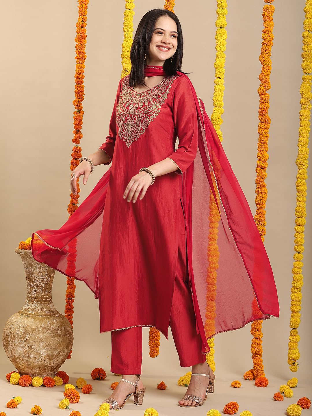 GoSriKi Red Rayon Kurta Set - Image 4