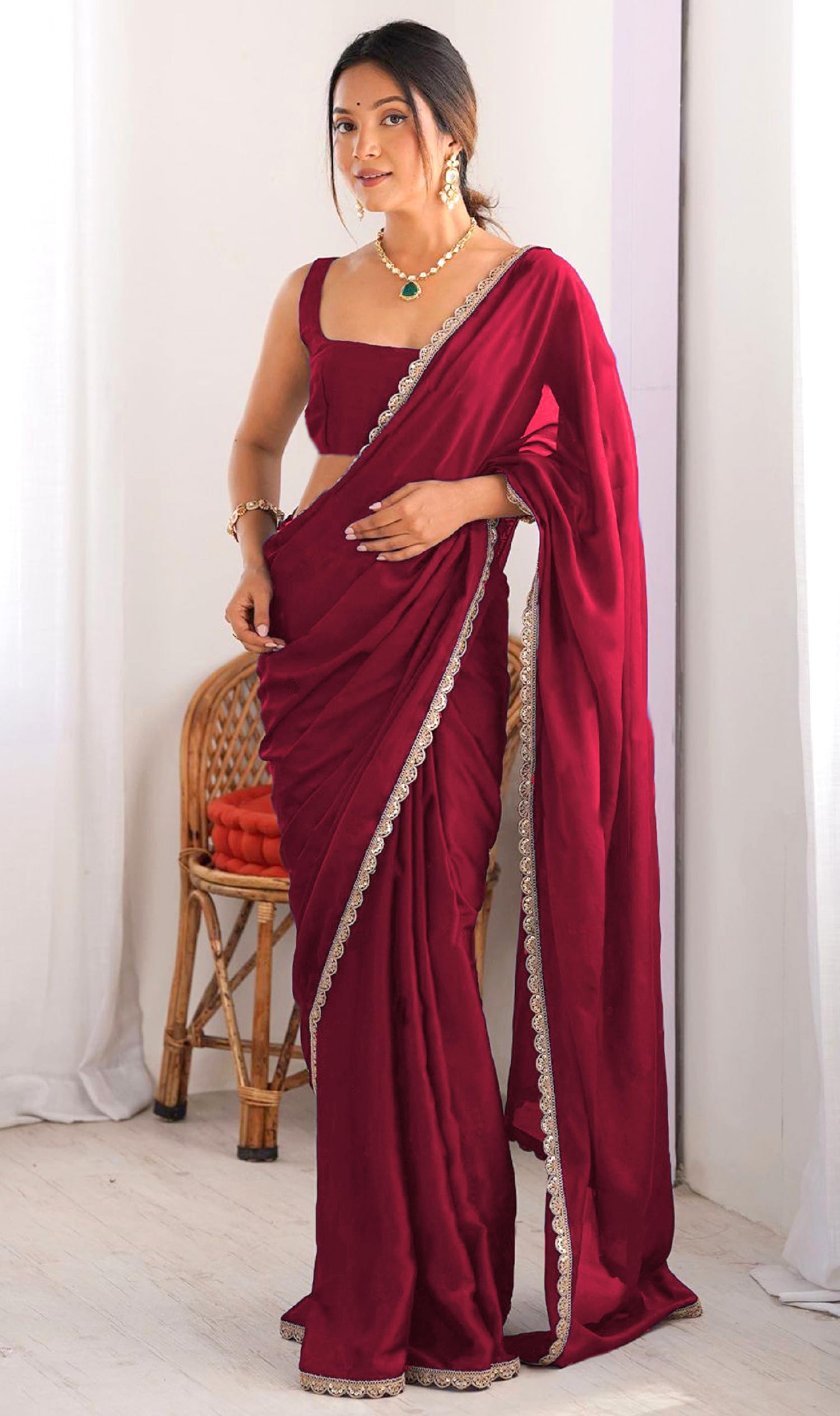 SHOPAZ Ready To Wear Saree for Women - Maroon Georgette - Image 2