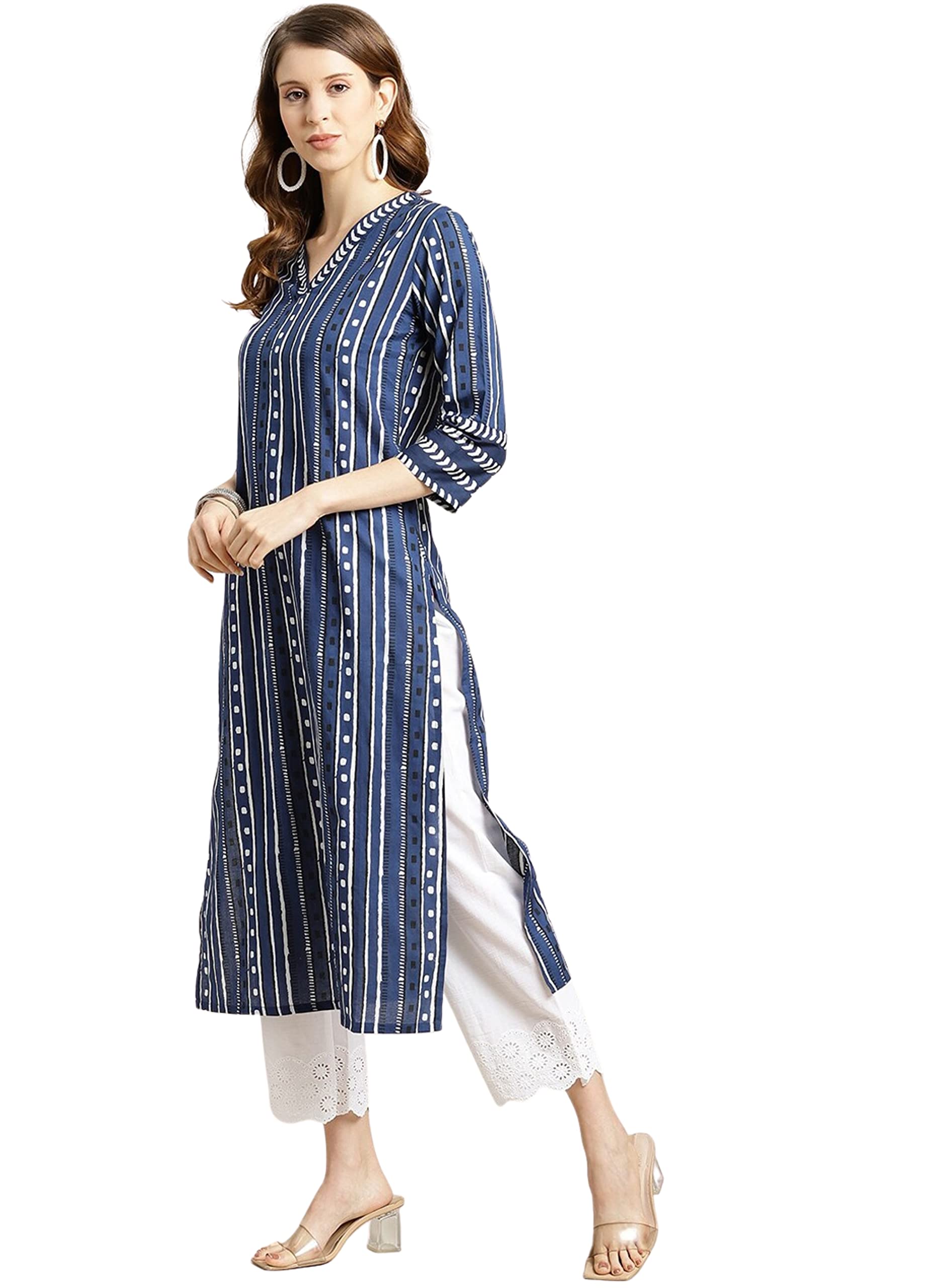Blue Cotton Printed Straight Kurti for Women - Image 3