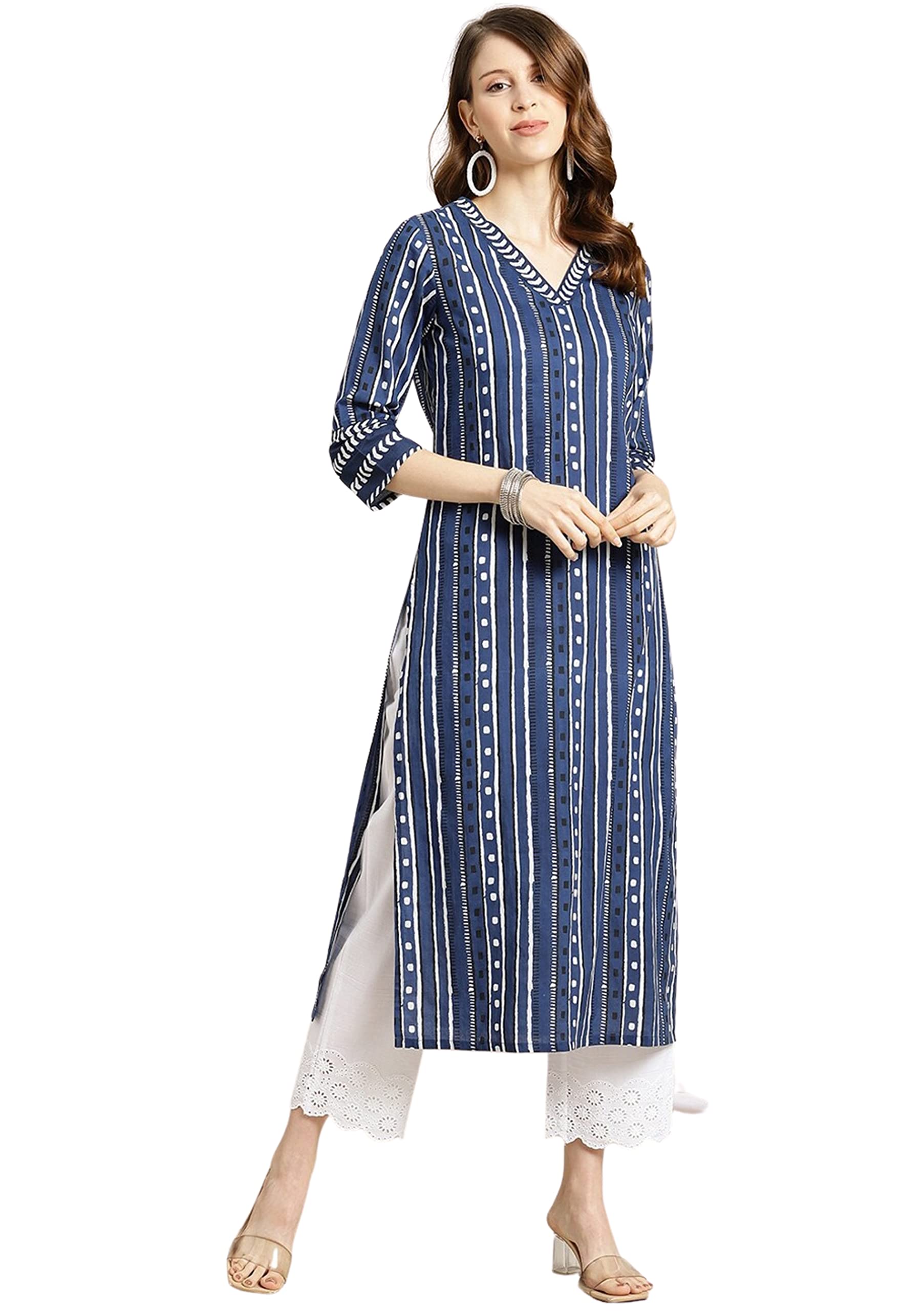Blue Cotton Printed Straight Kurti for Women
