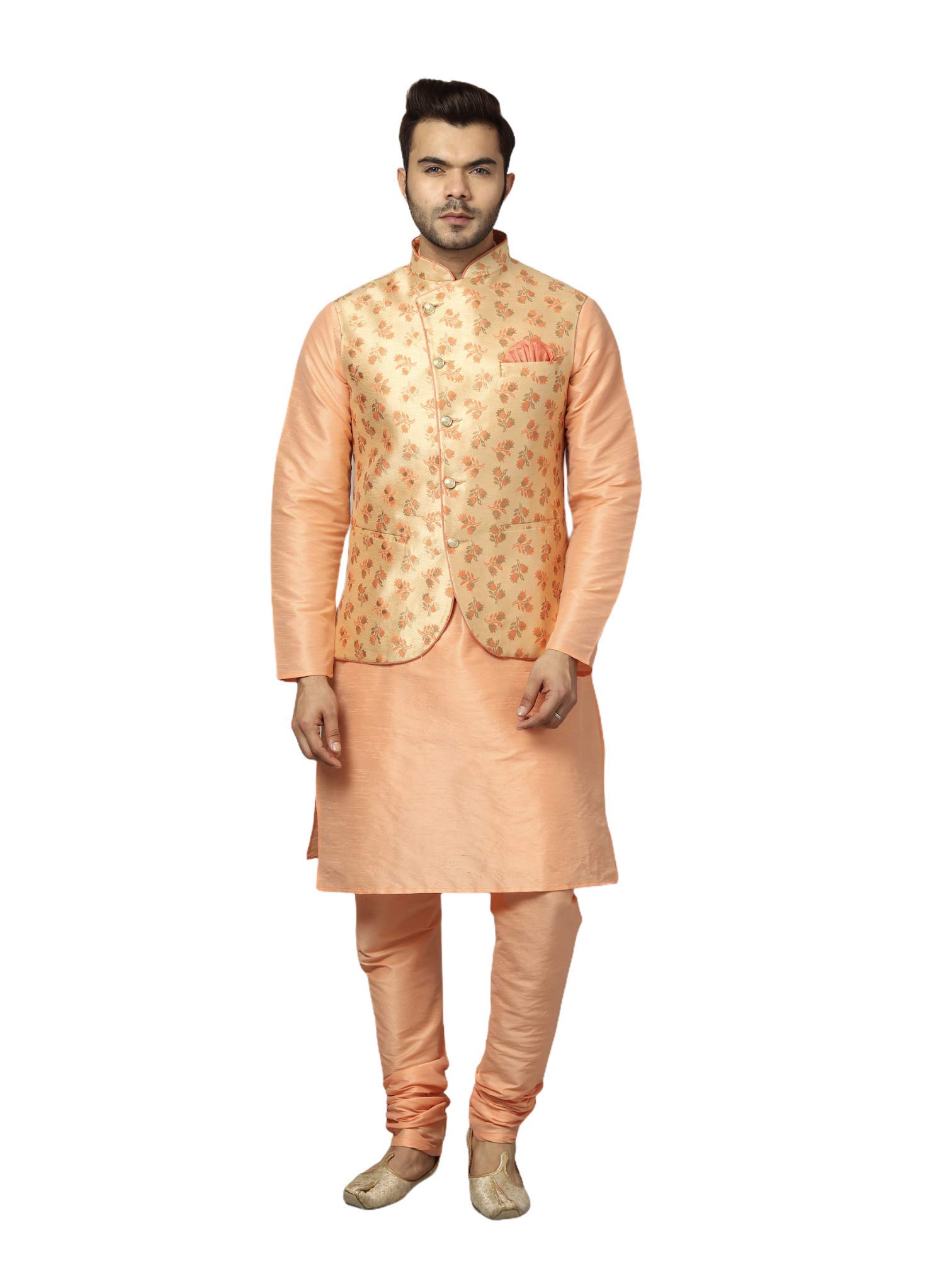 Uri Fashion Men Peach Dupion Silk Kurta Pyjama