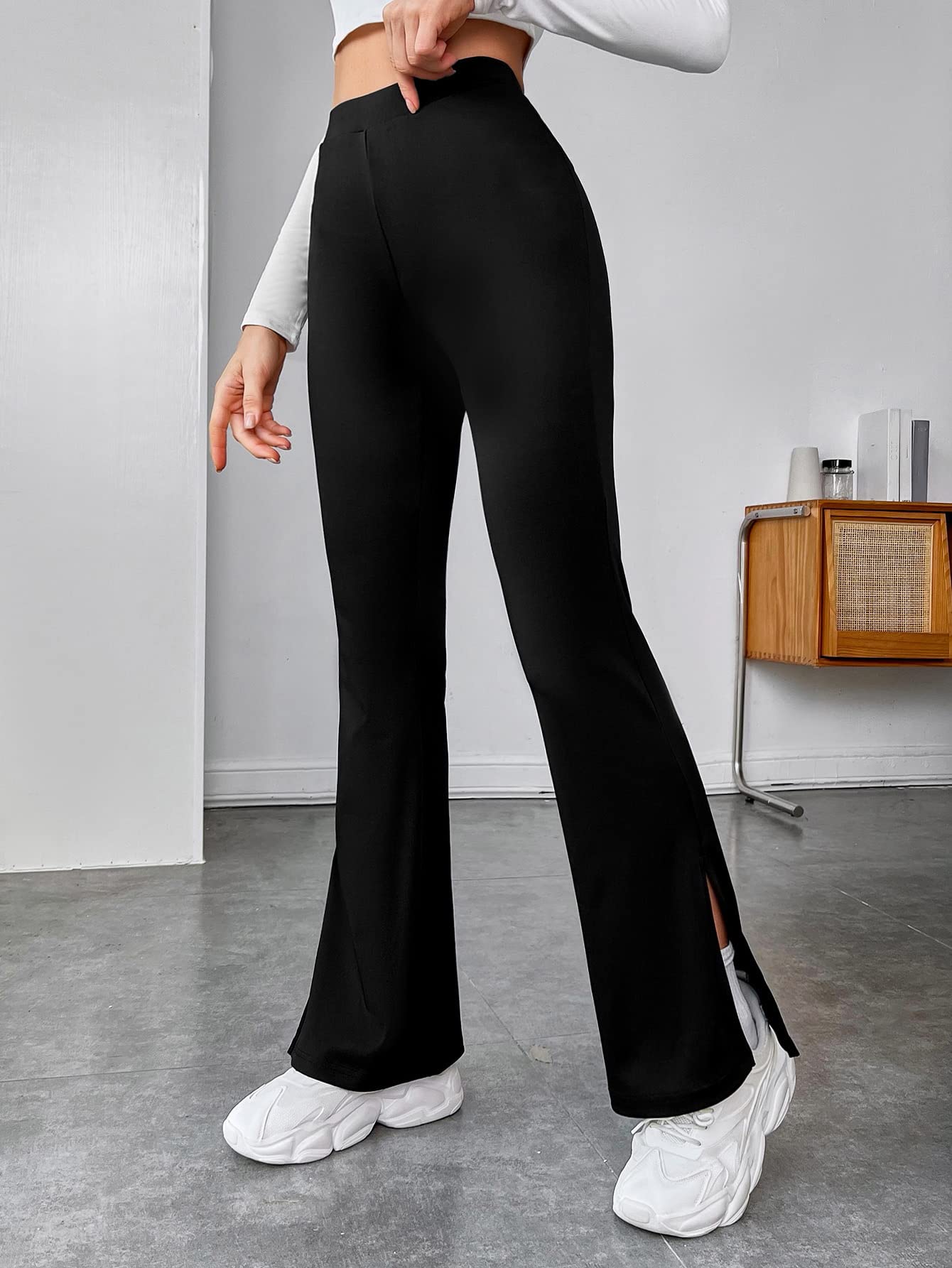 High-Waist Flare Leg Bell Bottom Pants for Women - Black - Image 2