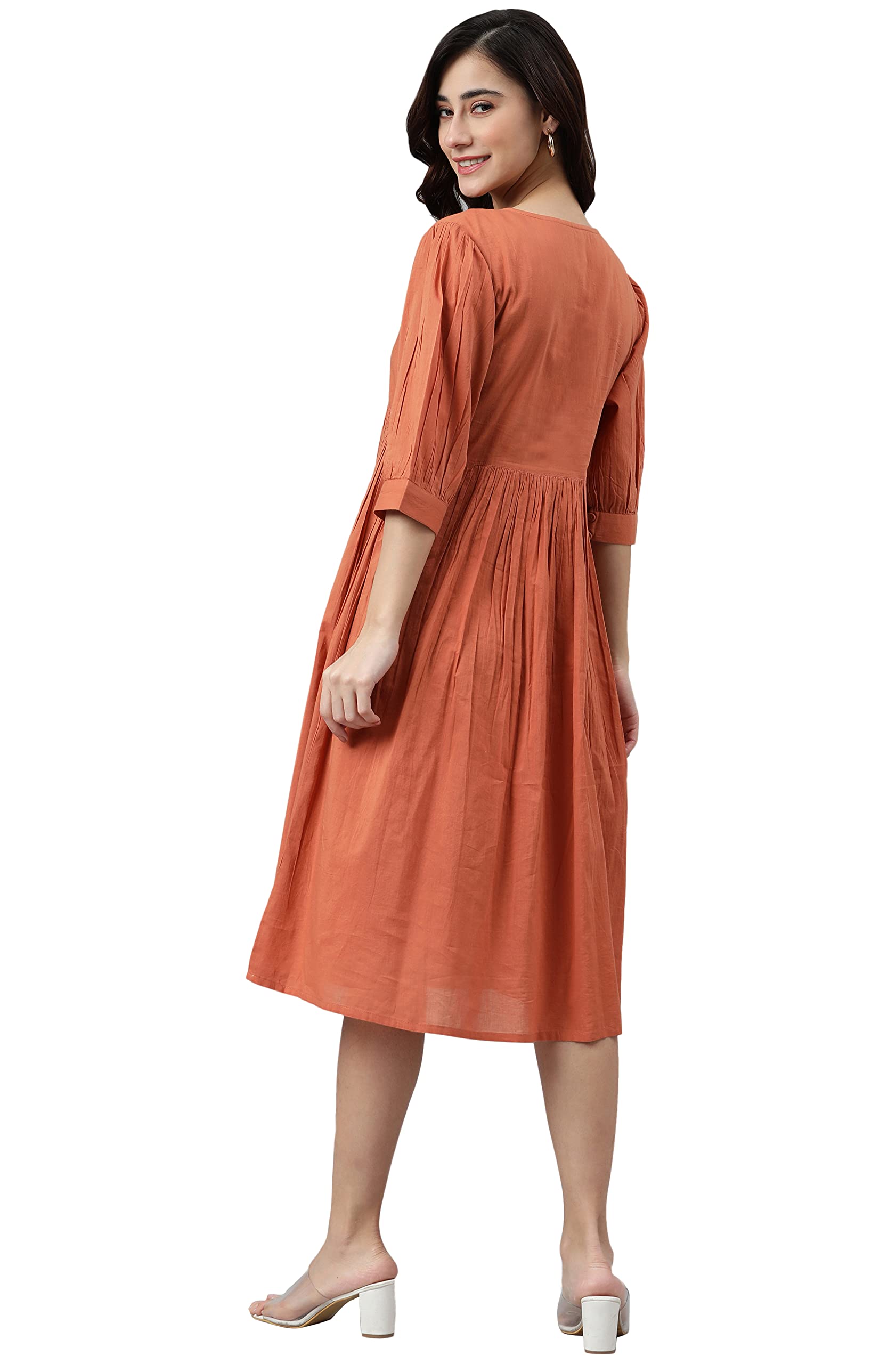Janasya Women's Coral Orange Cotton Flared Dress - Image 4