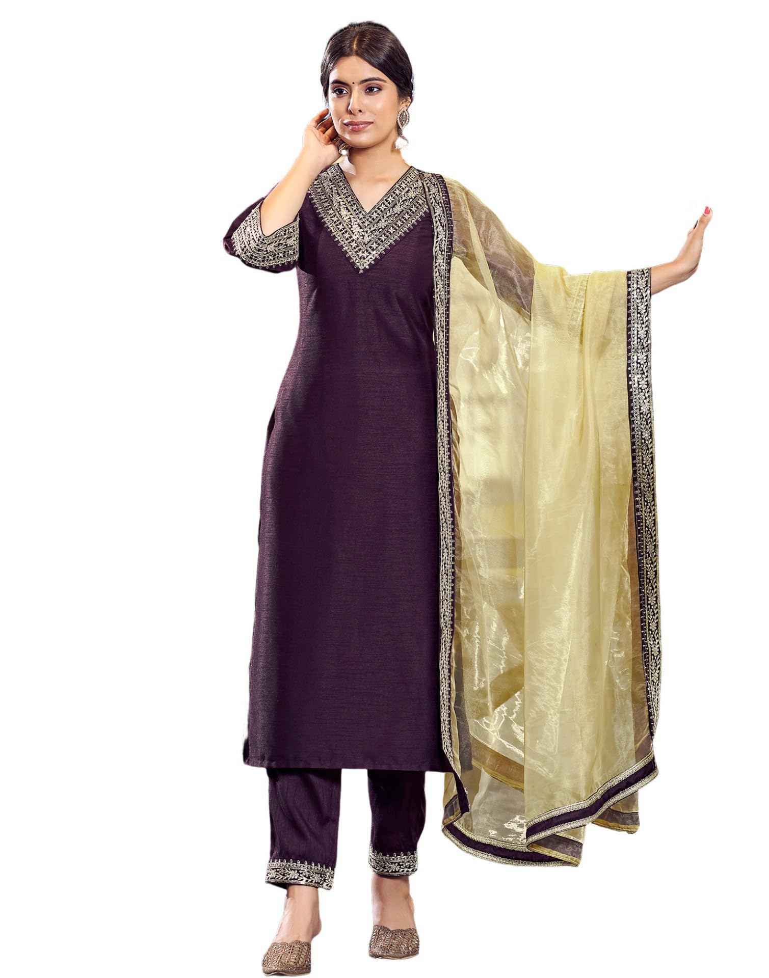 SIRIL Women's Rayon Embroidered Kurta Pant Set - Wine