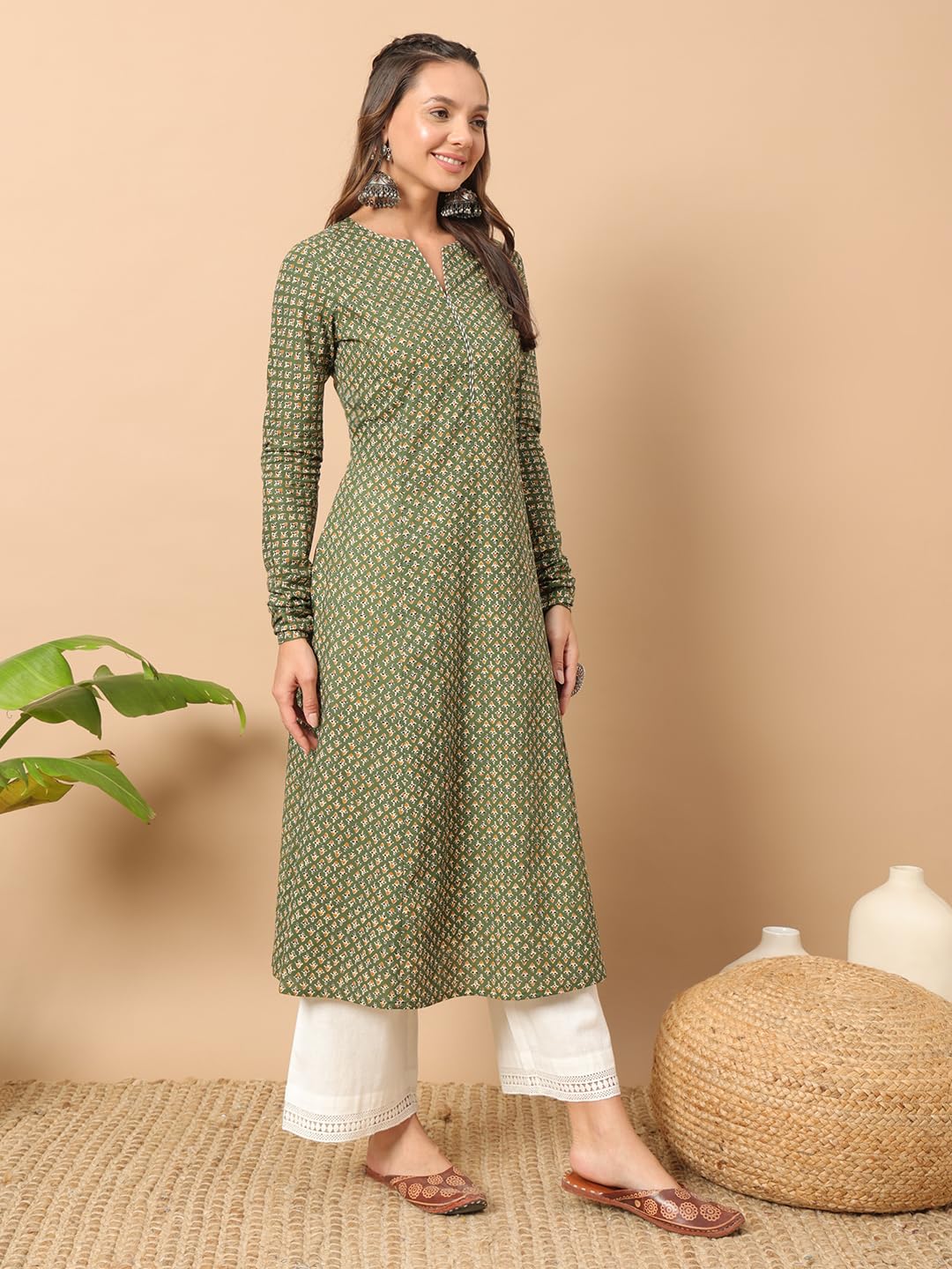 FIORRA Women's Green Floral Cotton A-Line Kurta - Image 2