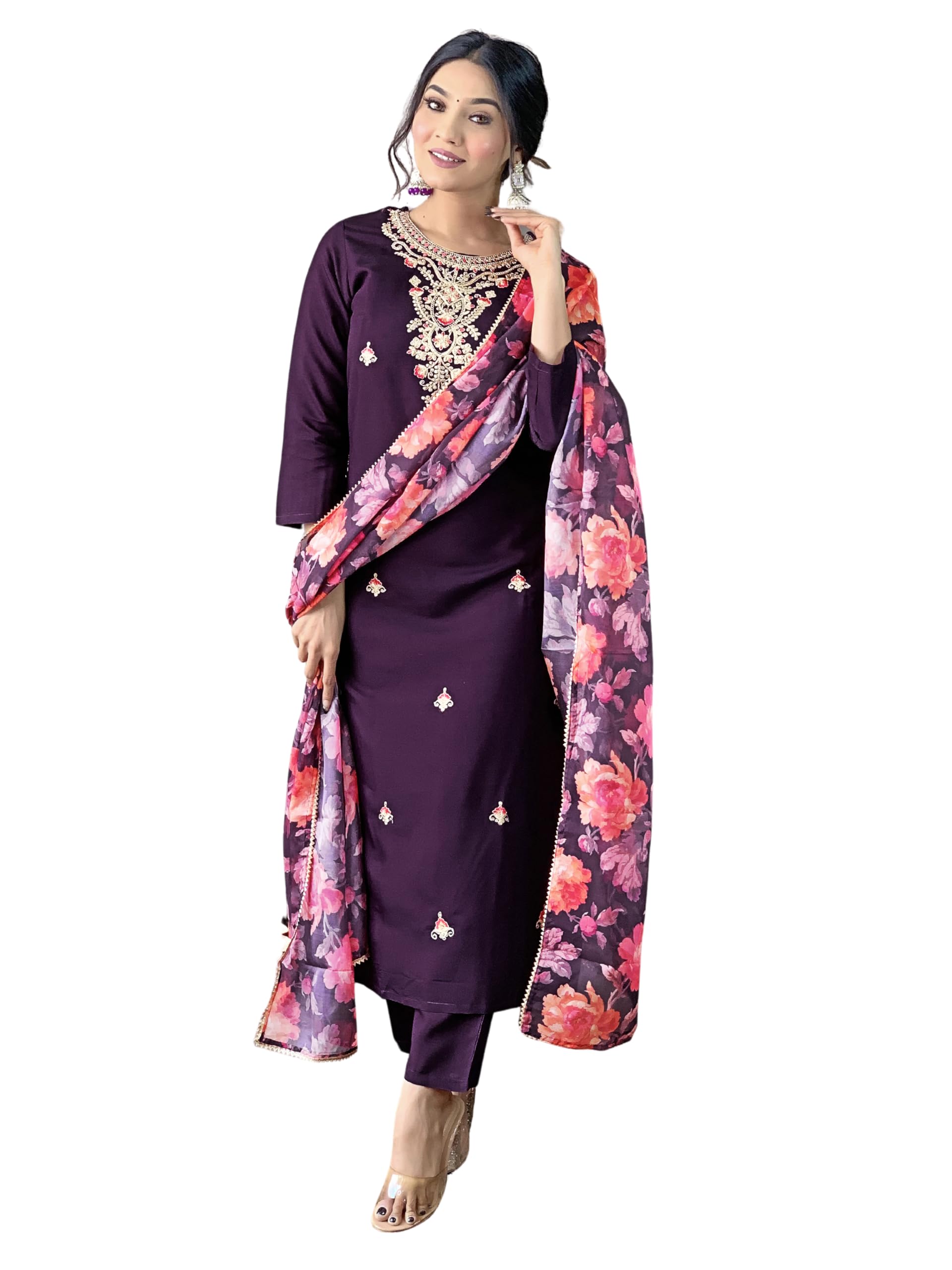 Naixa Wine Rayon Embroidered Kurta Set
