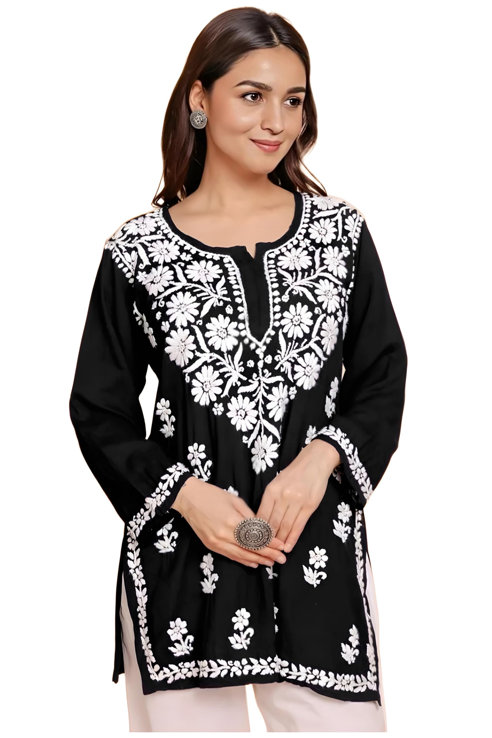 Sidhidata Black Rayon Embroidered Kurti for Women