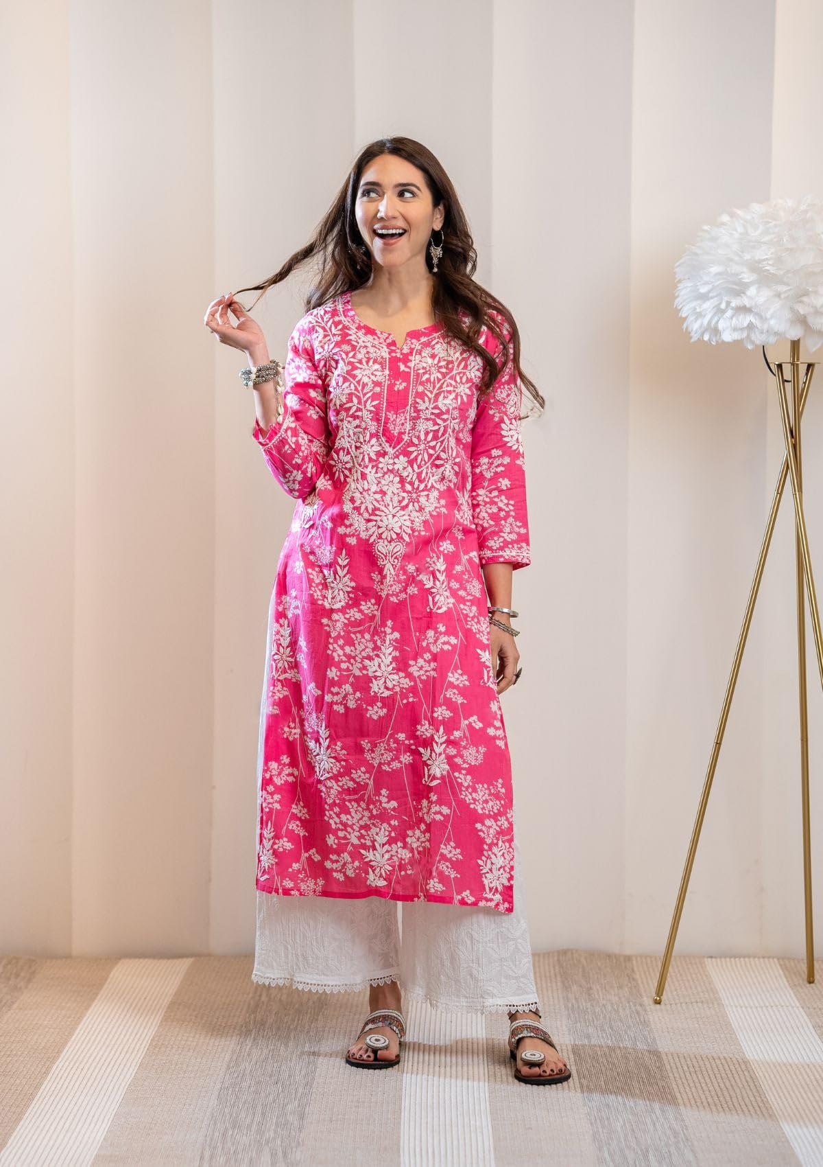 GoSriKi Women's Chikankari Embroidered Kurta - Pink - Image 2