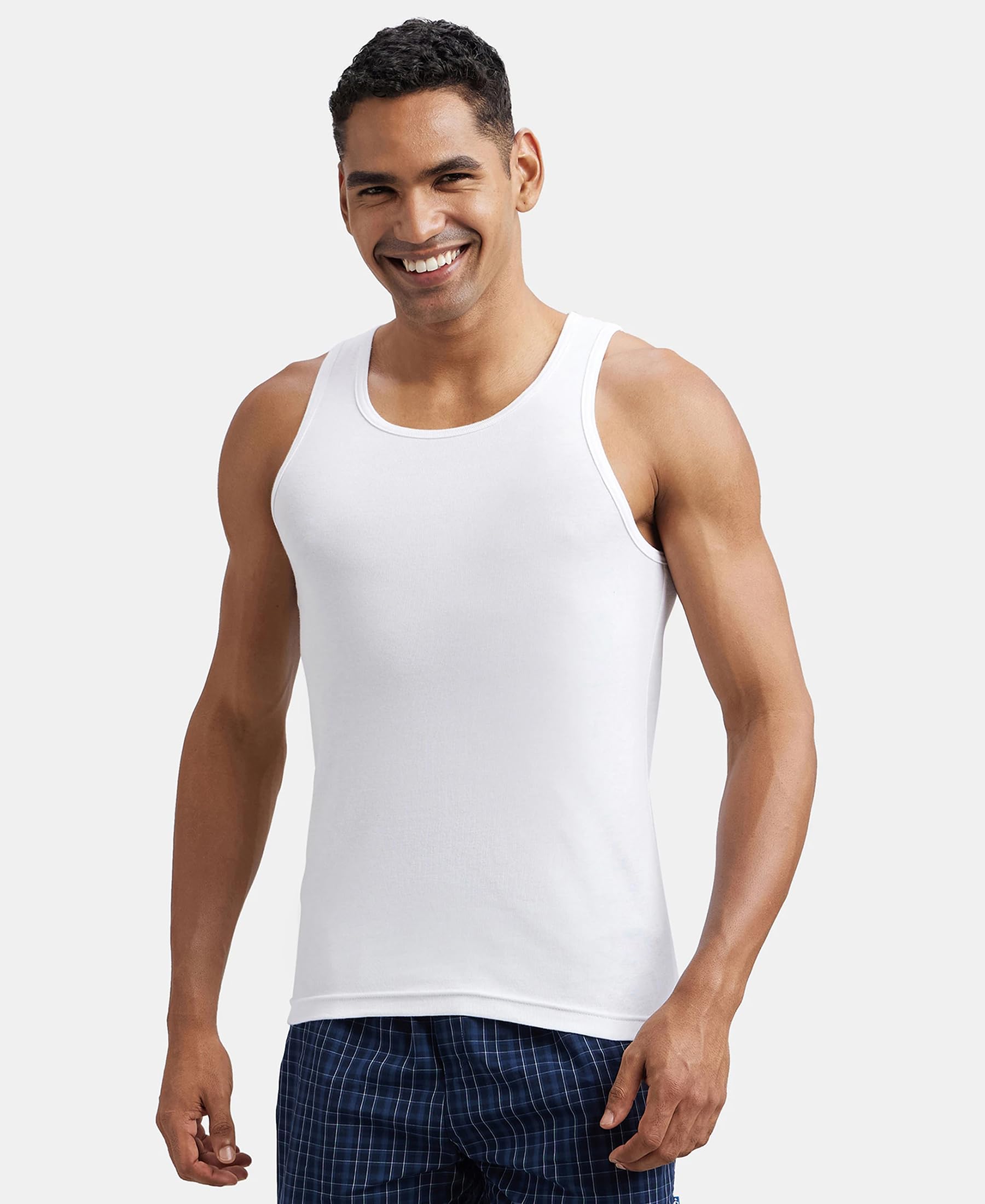 Jockey Men's Cotton Sleeveless Vest - White & Neon Blue - Image 5