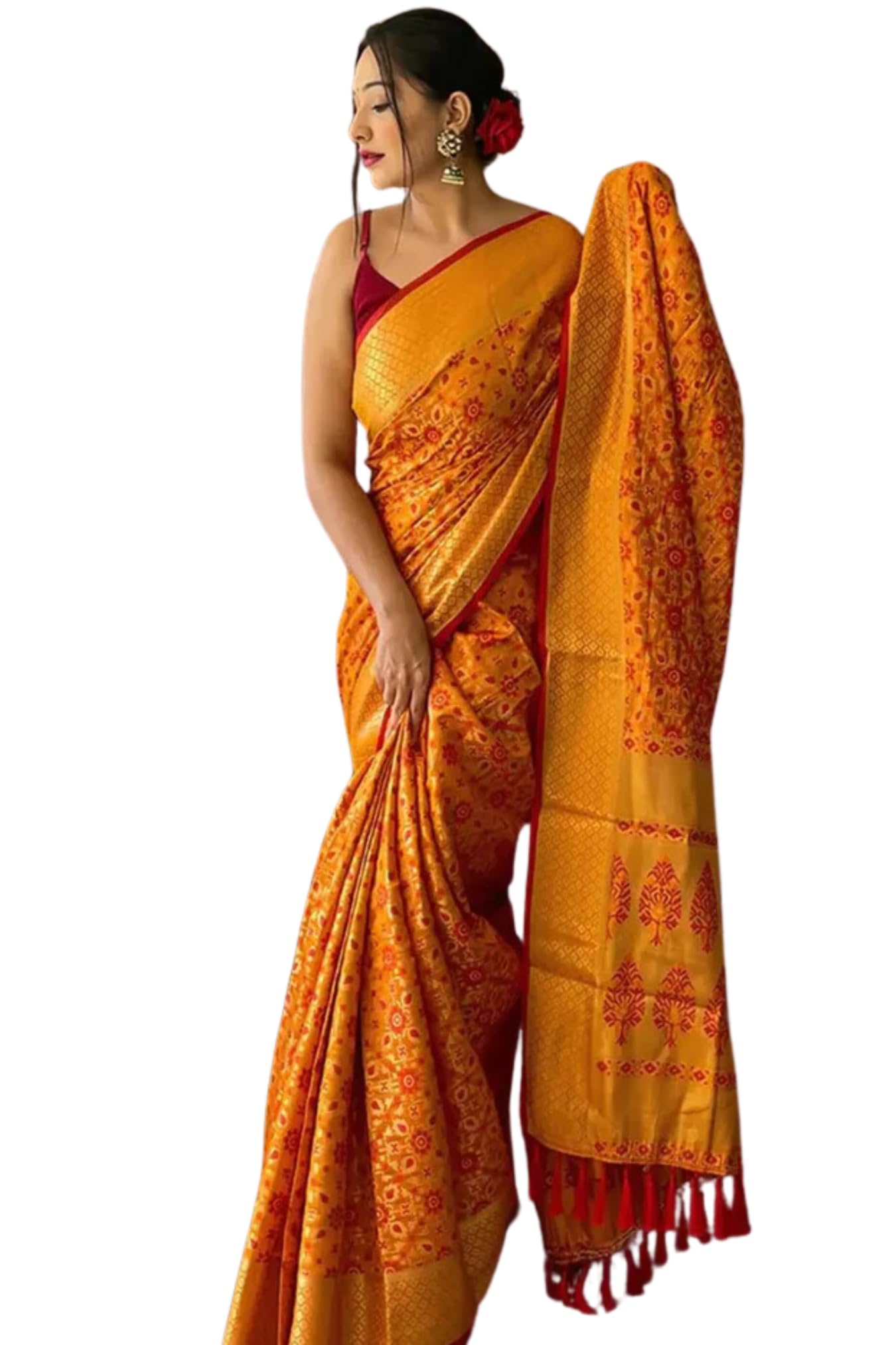 GarbGlide Women's Kanjivaram Lichi Silk Saree - Yellow