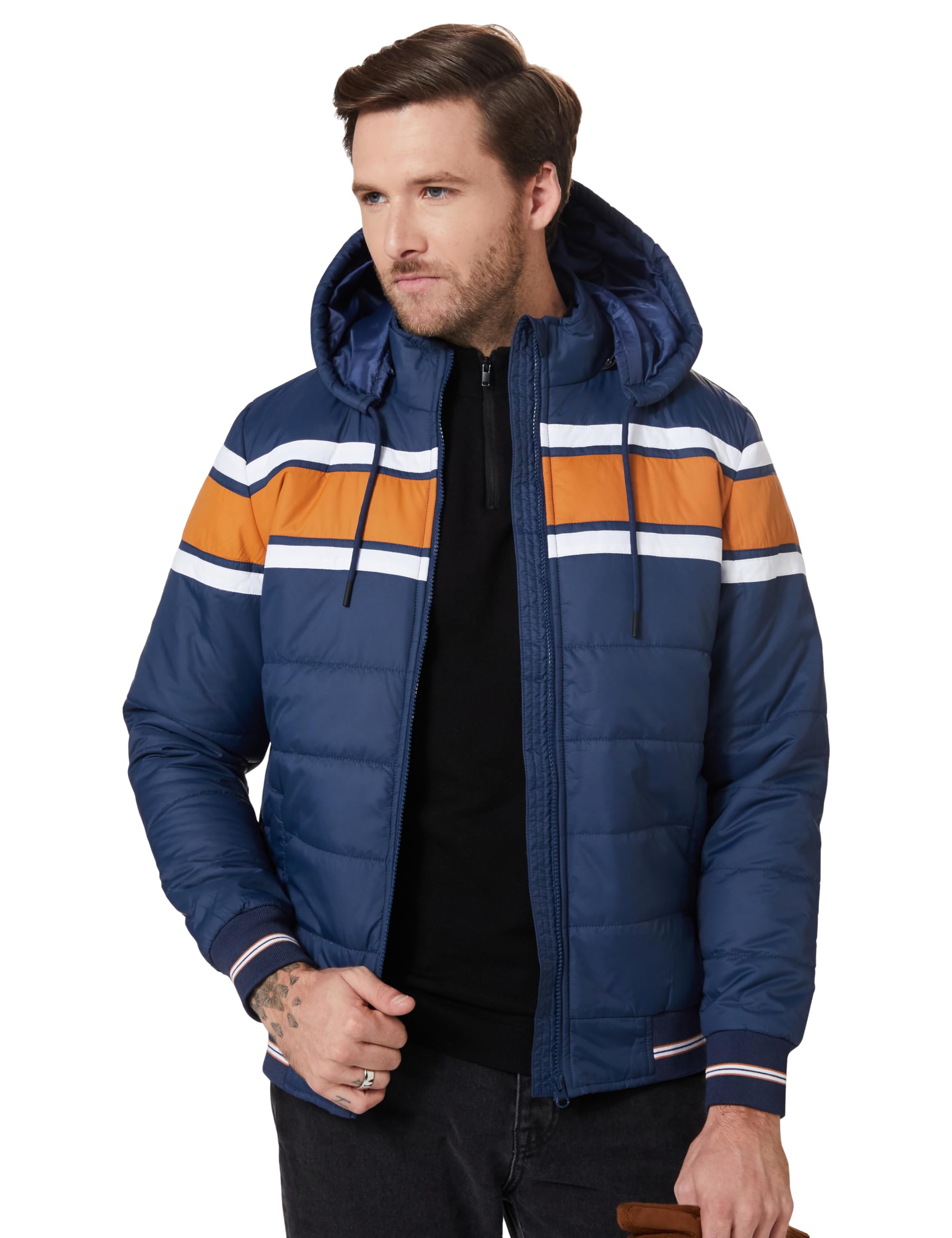 Symbol Men Quilted Hooded Bomber Jacket - Denim