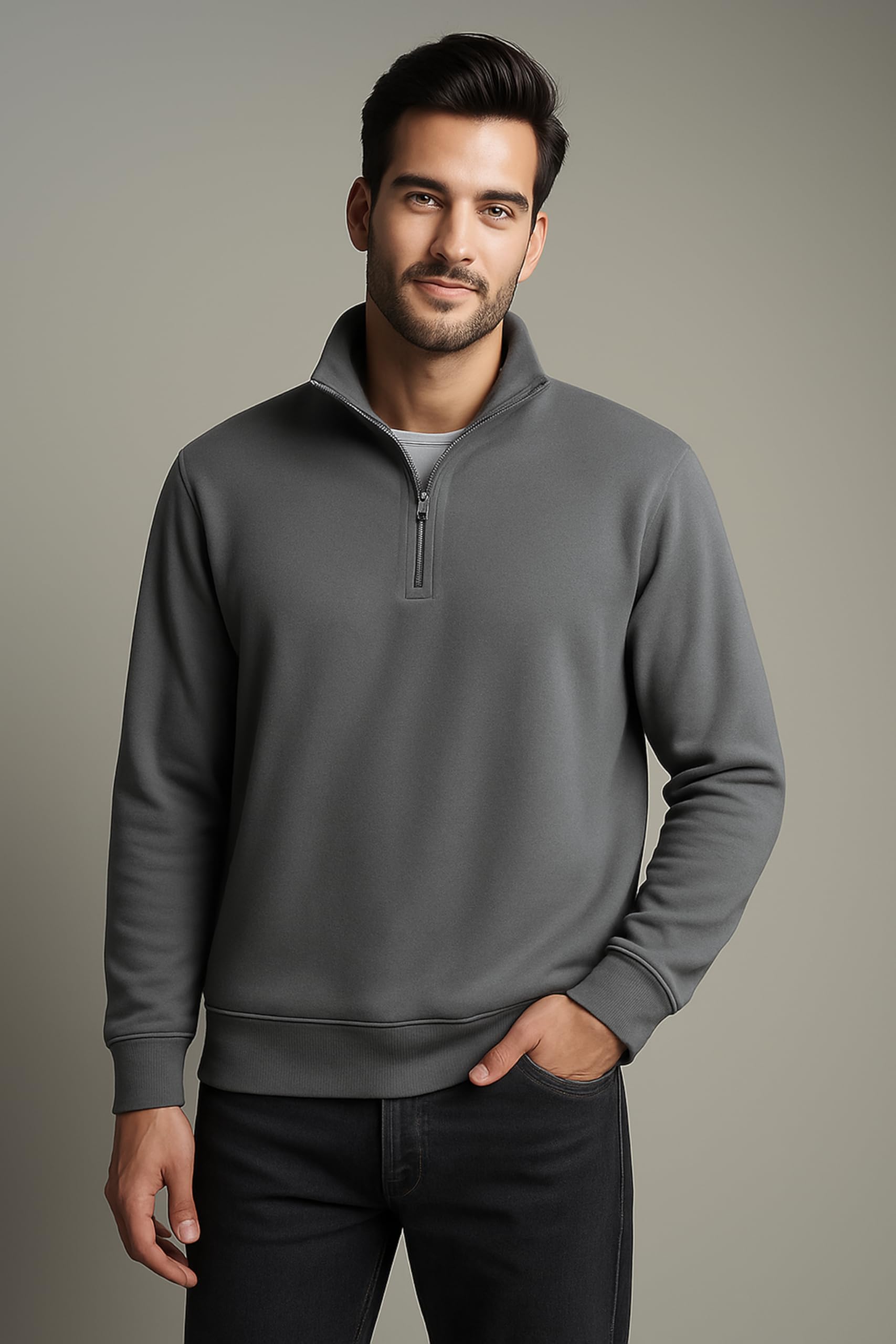 QUTUN Men's Half Zipper Sweatshirt - Dark Grey - Image 5