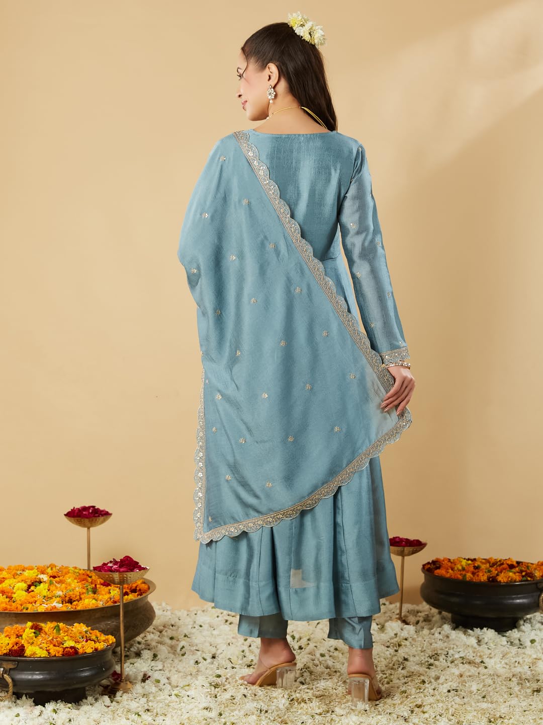MOKOSH Women's Silk Embroidered Teal Blue Kurta Set - Image 3