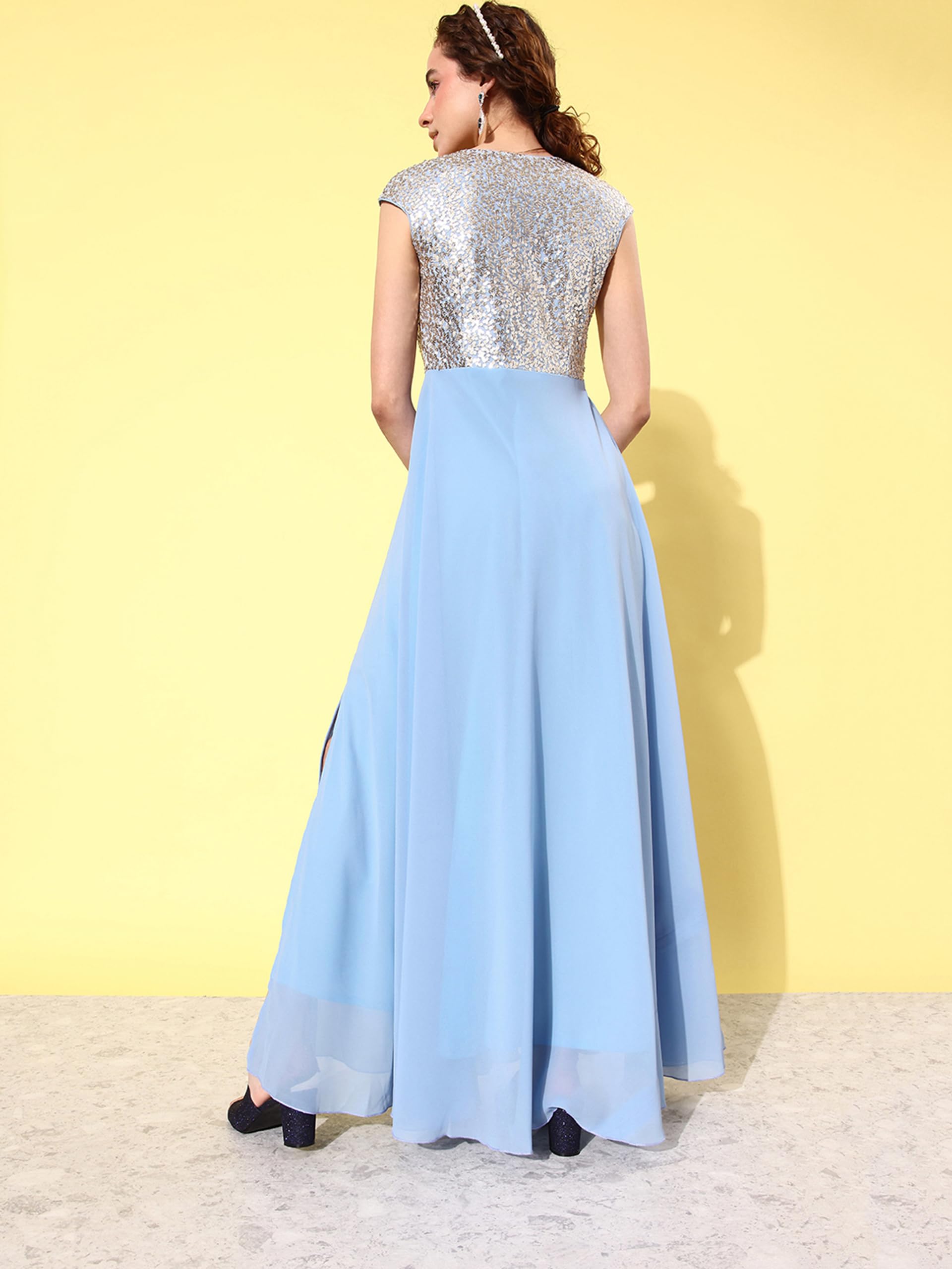 Miss Chase Women's V-Neck Cap Sleeved Maxi Dress - Sky Blue - Image 4