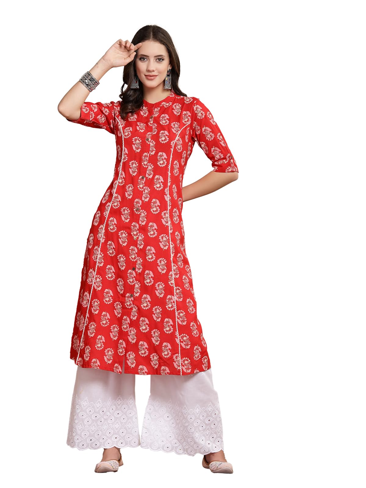 Stylum Women's Floral Printed Rayon A-Line Kurta - Red