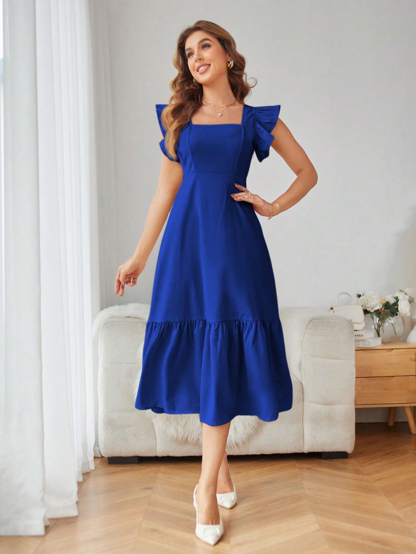 Royal Blue Square Neck Sleeveless Dress for Women - Image 3