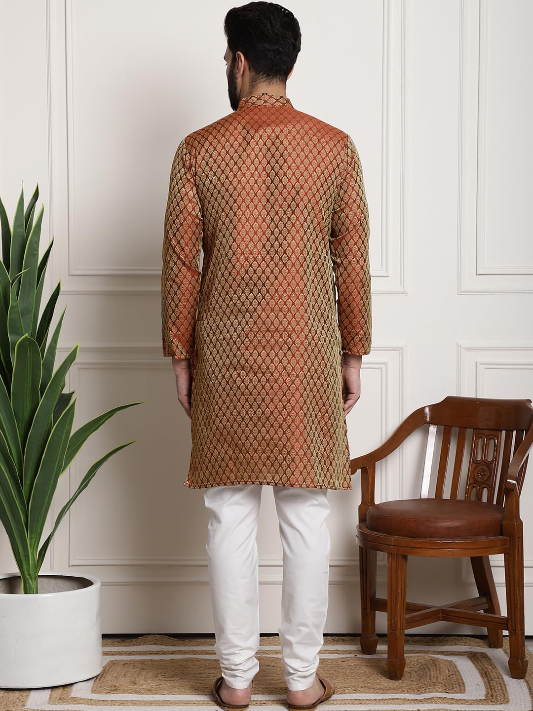SOJANYA Men's Kurta and Churidar Pyjama Set - Orange White - Image 4