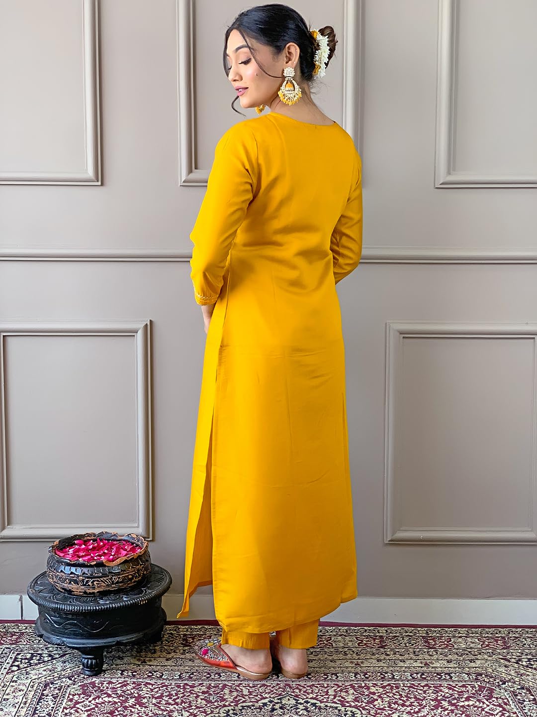 Naixa Women's Rayon Embroidered Kurta Set - Yellow - Image 4