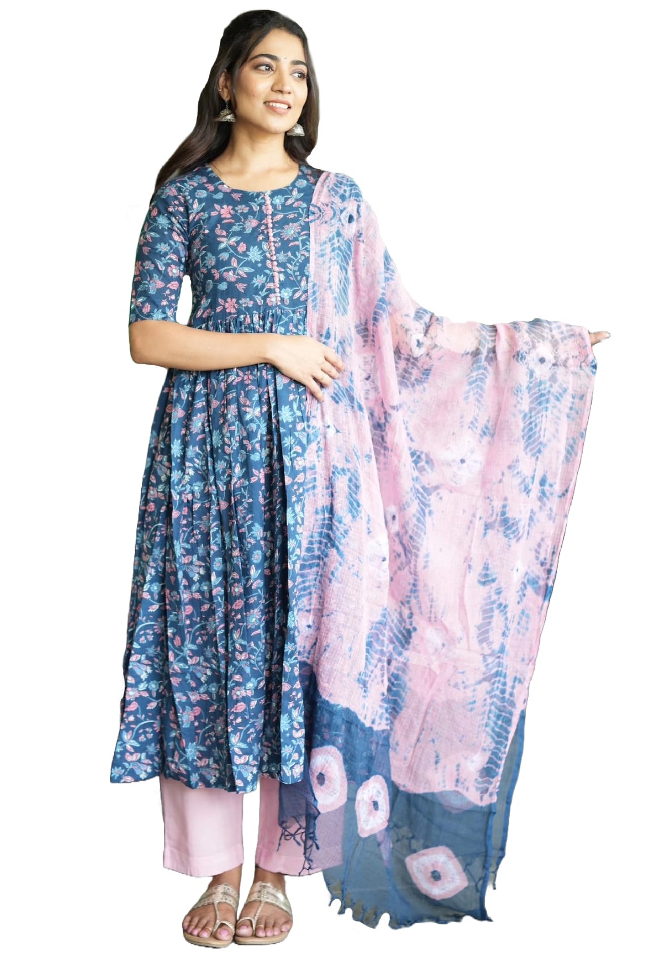 GoSriKi Women's Cotton Blend Anarkali Kurta - Blue