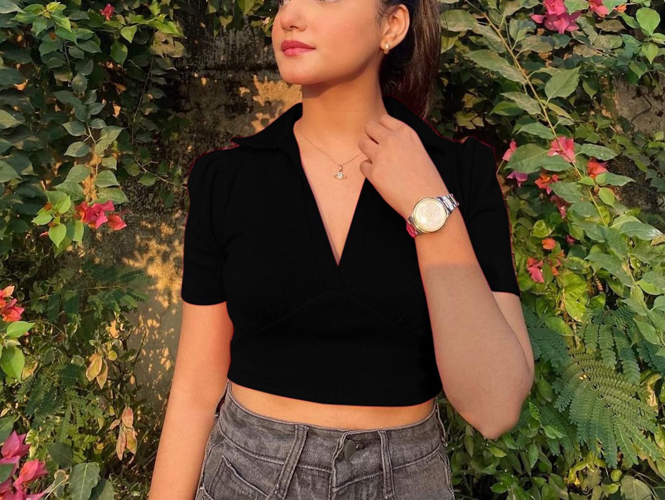 Aahwan Cotton V Neck Crop Top for Women - Black - Image 4