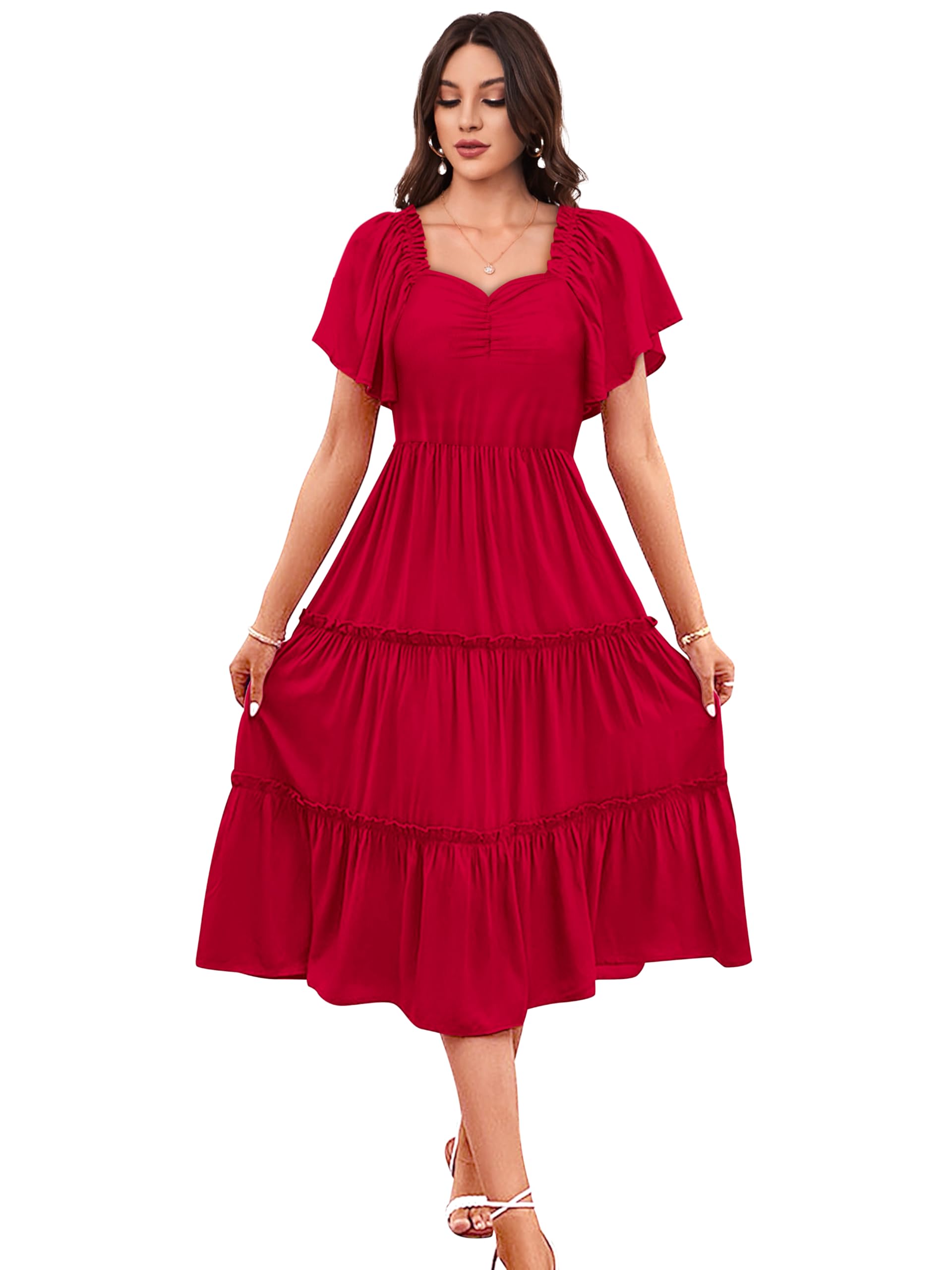Toochki Women's Rayon Midi Flared Dress - Red