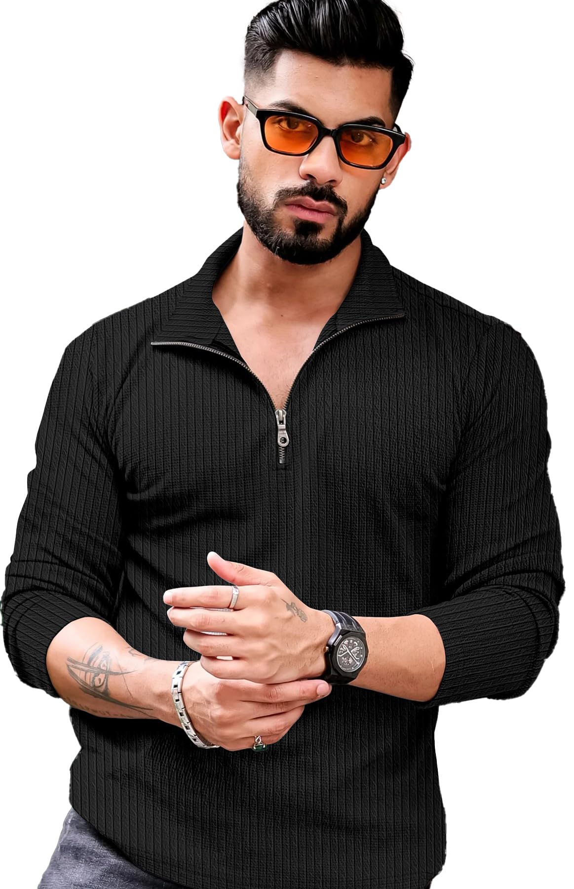 KAJARU Men's Quarter Zip Pullover - Cable Knit - Black