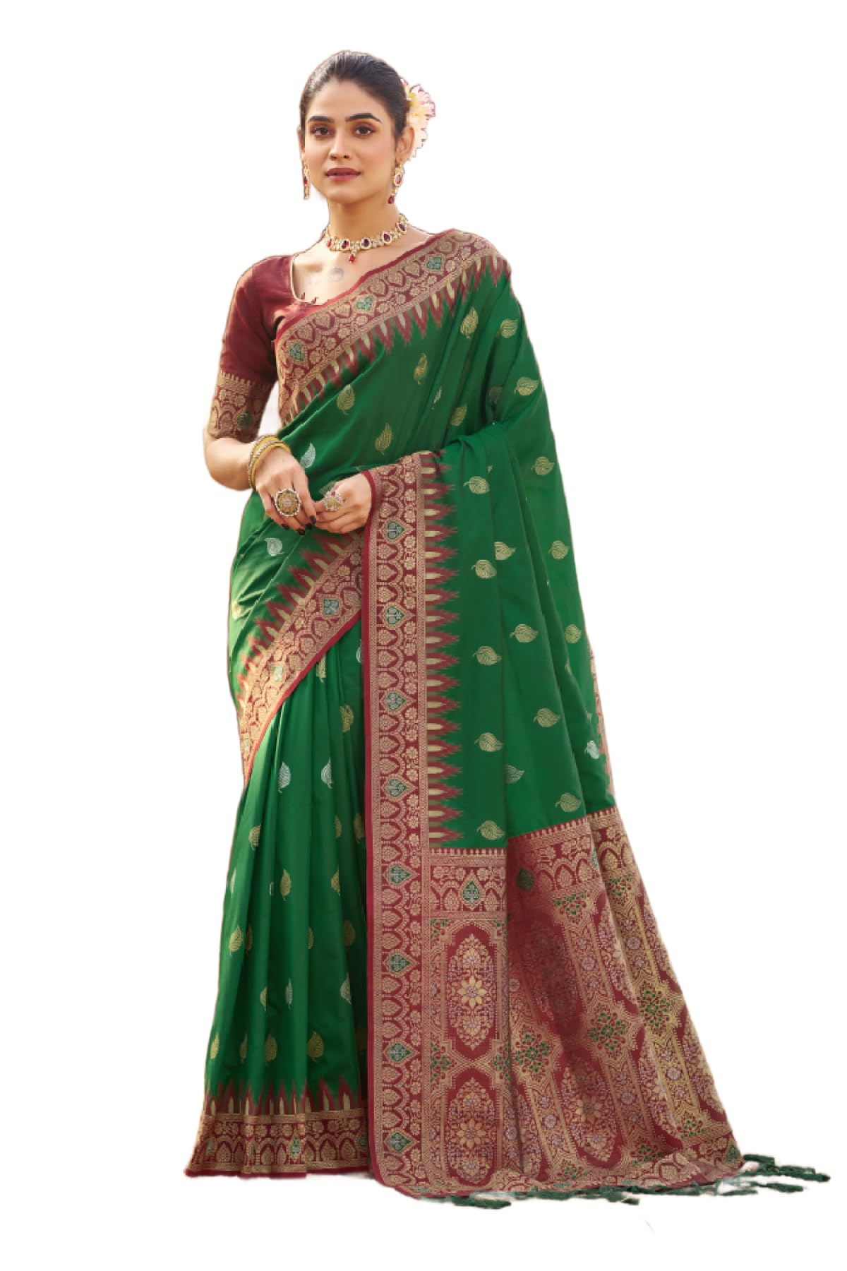 SWORNOF Women's Kanjivaram Soft Silk Banarasi Saree - Green