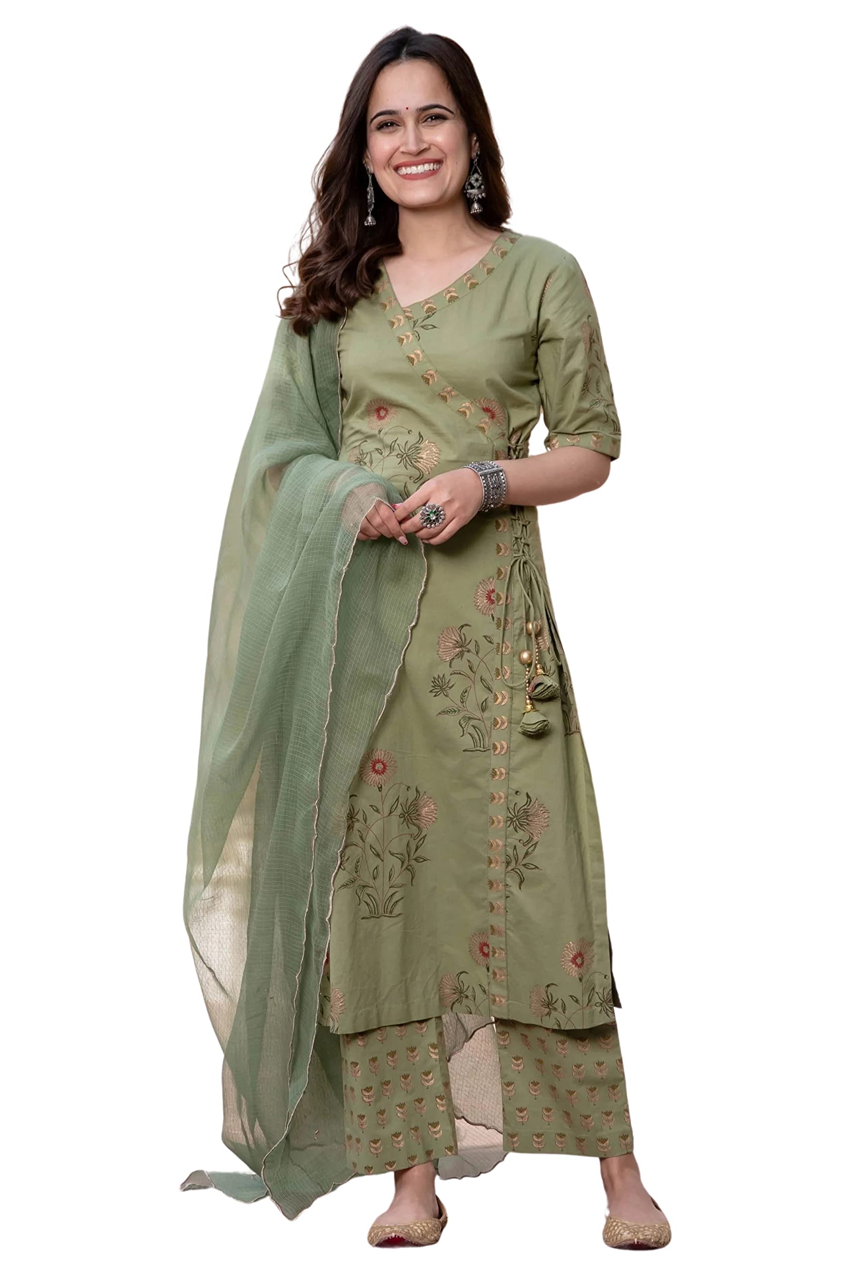 FAADDICTION Women's Printed Rayon Kurta Set - Green