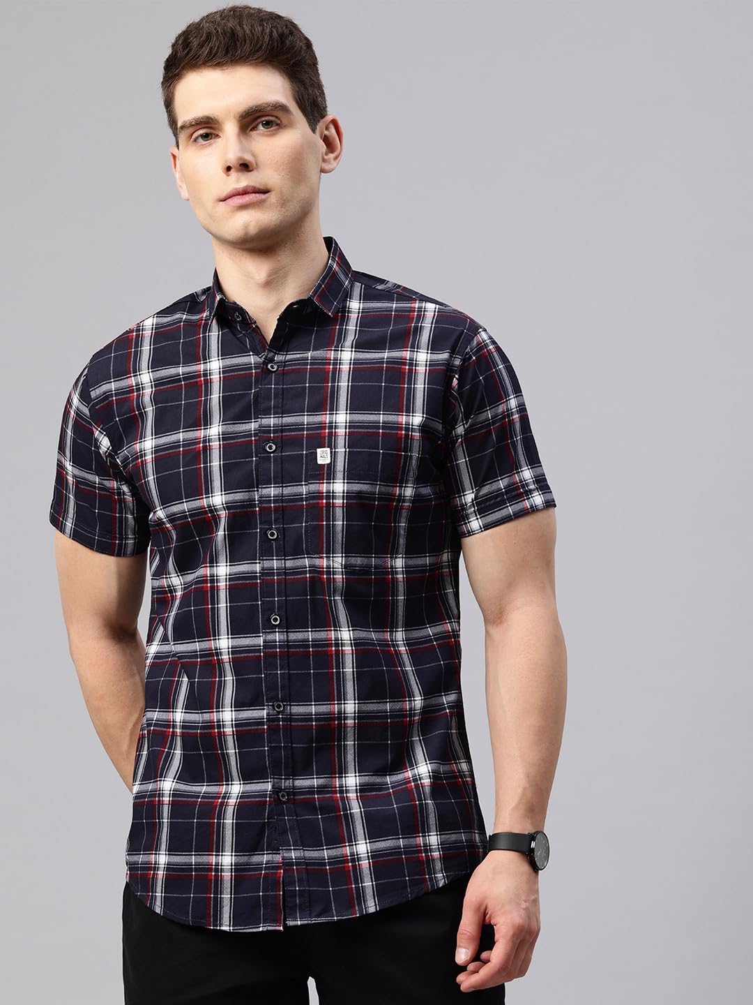 Majestic Man Checked Cotton Casual Shirt - Dark Blue - Image 2