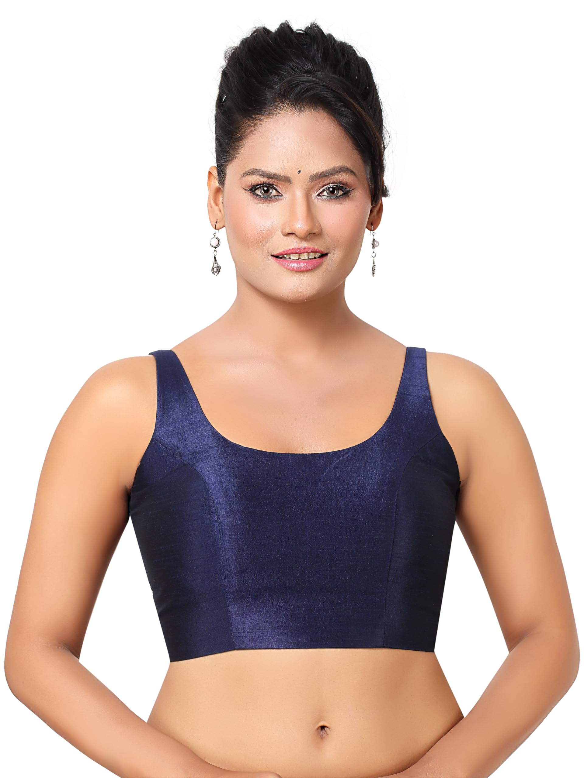Madhu Fashion Women's Solid Sleeveless Padded Saree Blouse - Navy Blue