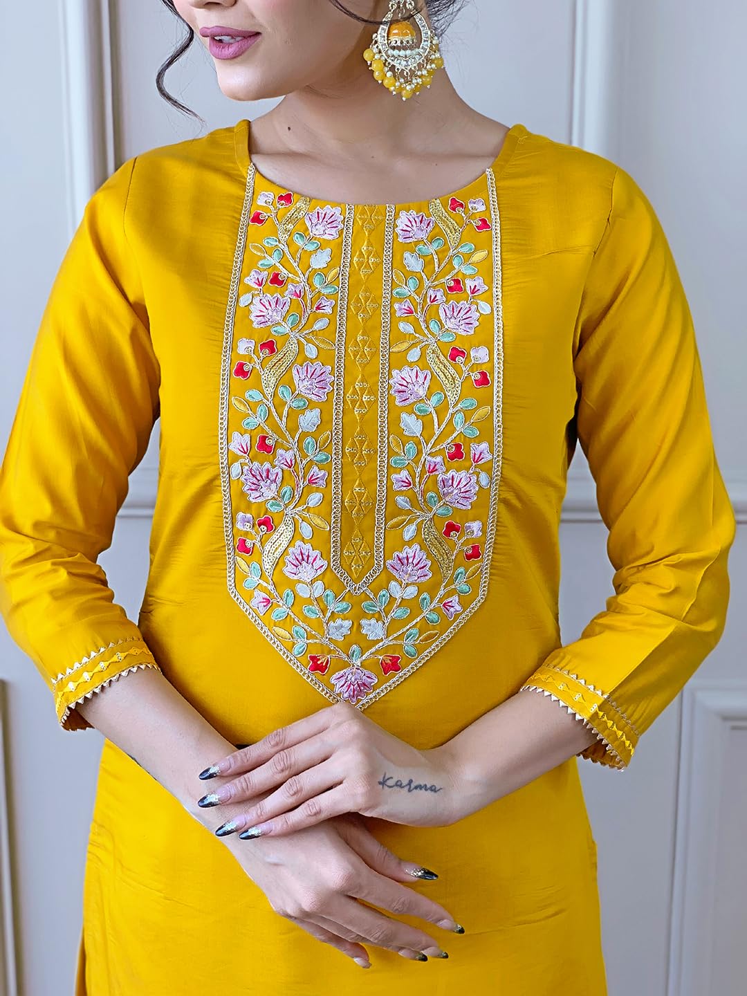 Naixa Women's Rayon Embroidered Kurta Set - Yellow - Image 5