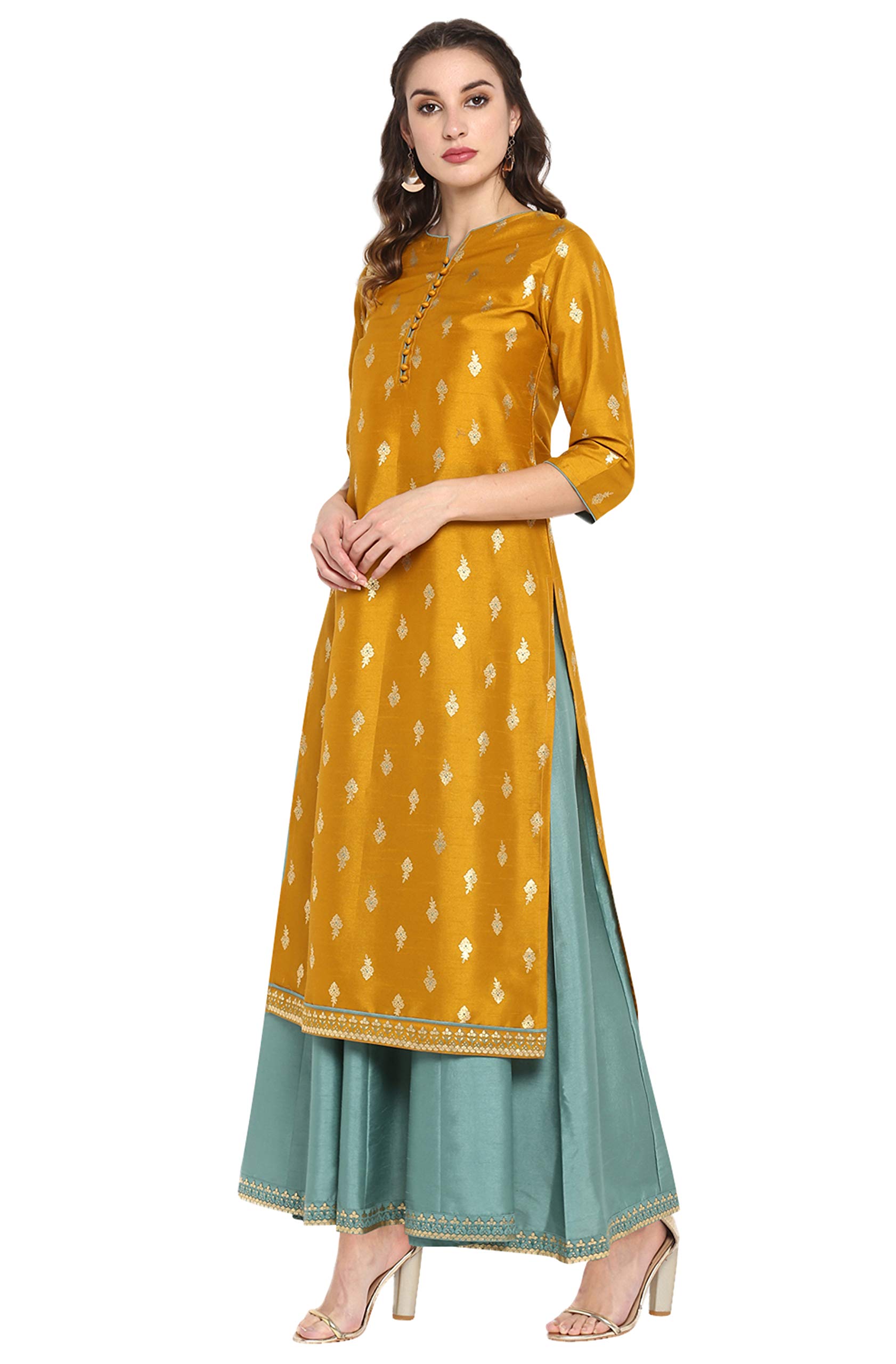 Janasya Women's Gold Print Anarkali Dress - Image 3