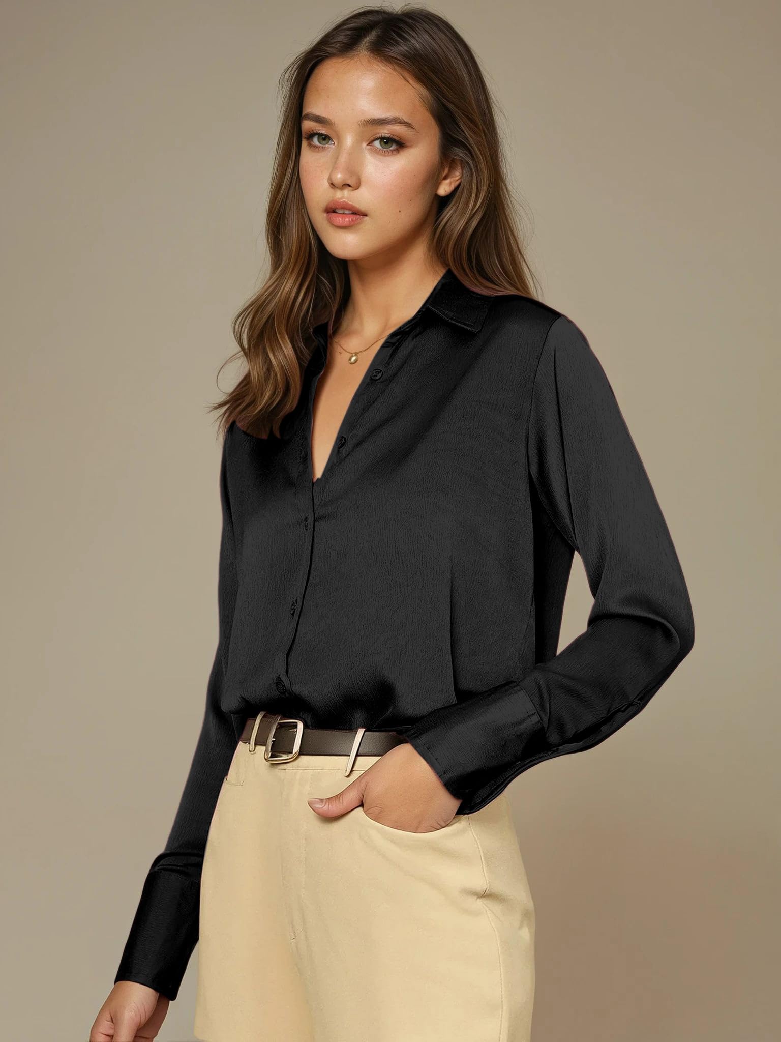 Aahwan Black Satin Button-Up Shirt for Women - Image 3
