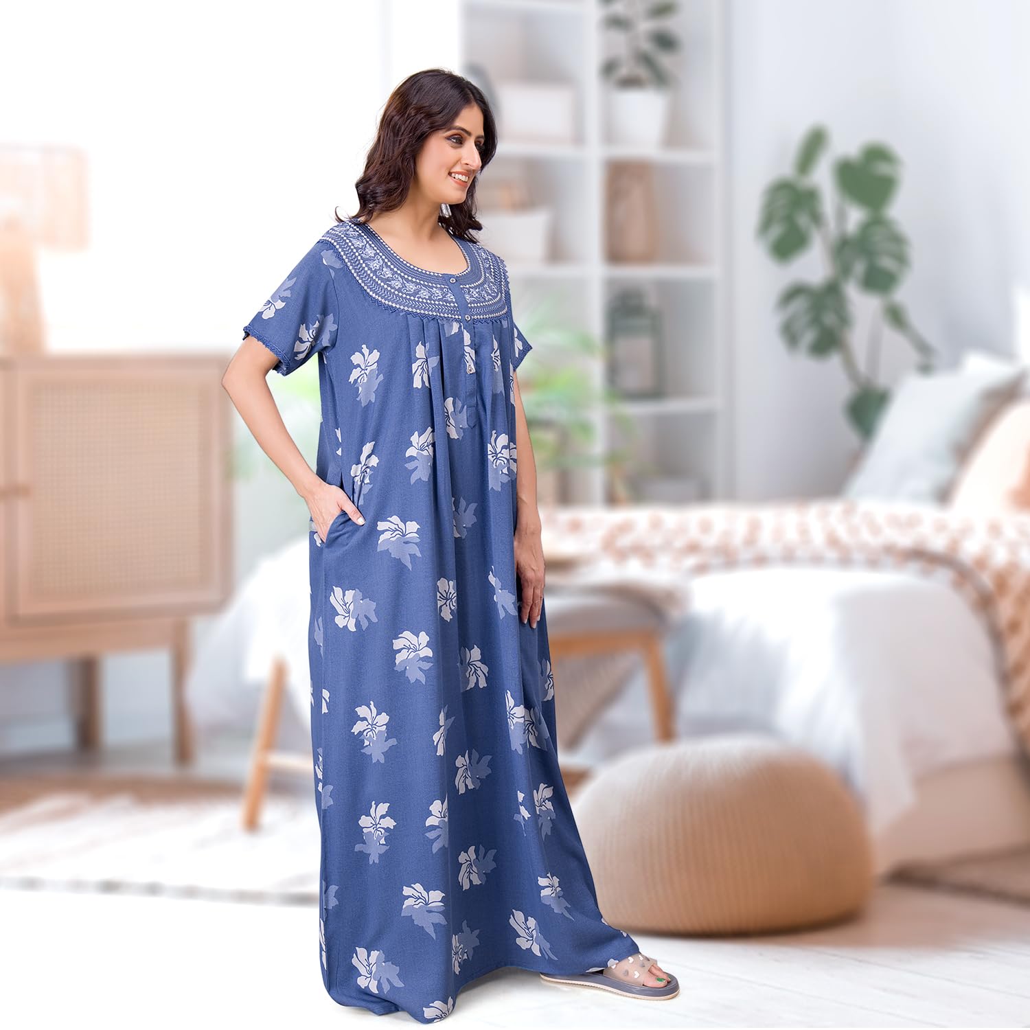 EliteZilla Women Cotton Maxi Nighty - Rama Green - Image 5