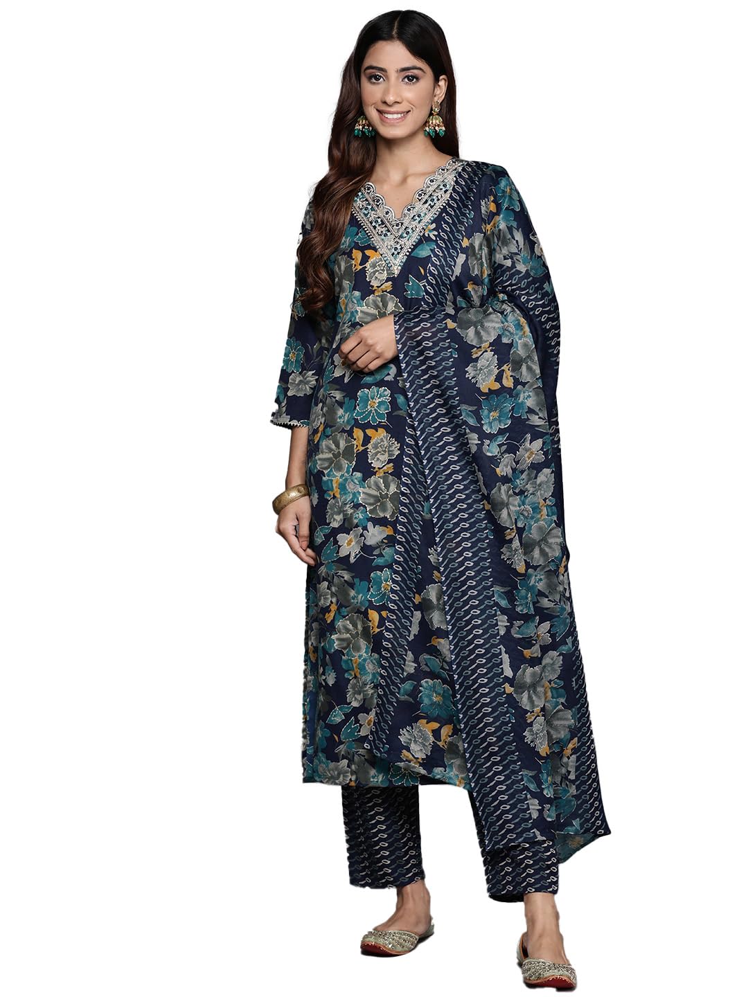 Varanga Women Blue Floral Kurta with Bottom and Dupatta