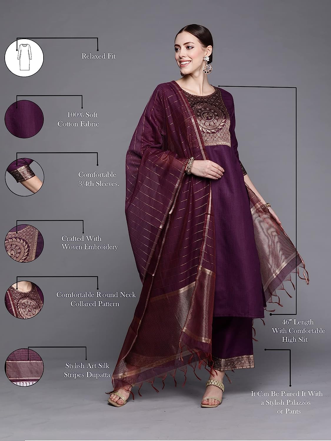 INDO ERA Women's Cotton Kurta Pant Set - Magenta - Image 5