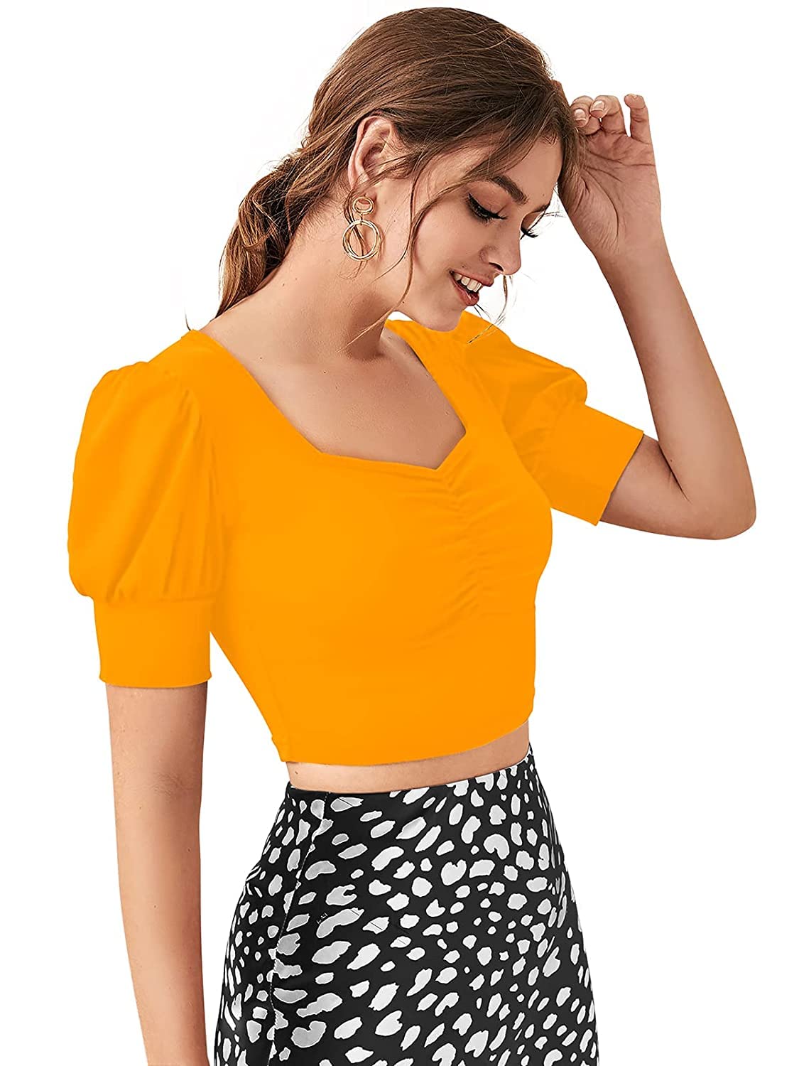 Istyle Sweetheart Neck Crop Top for Women - Mustard & Navy - Image 2