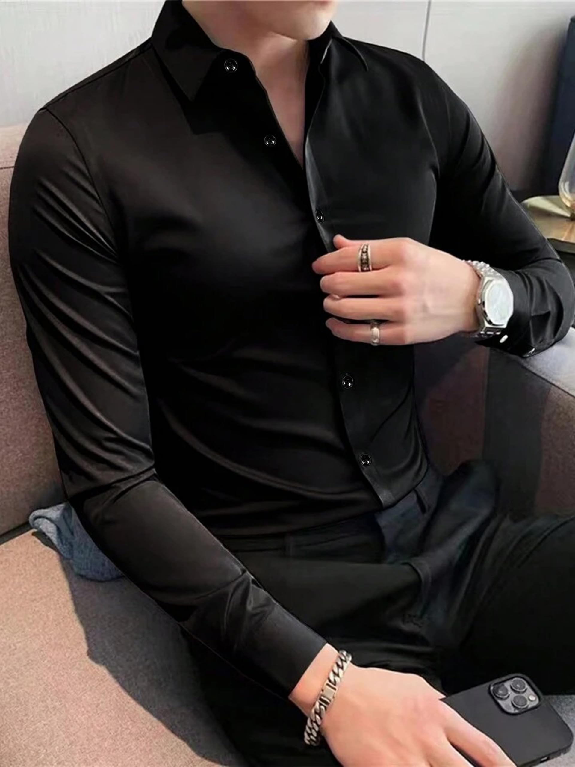 IndoPrimo Black Satin Shirt for Men - Image 2